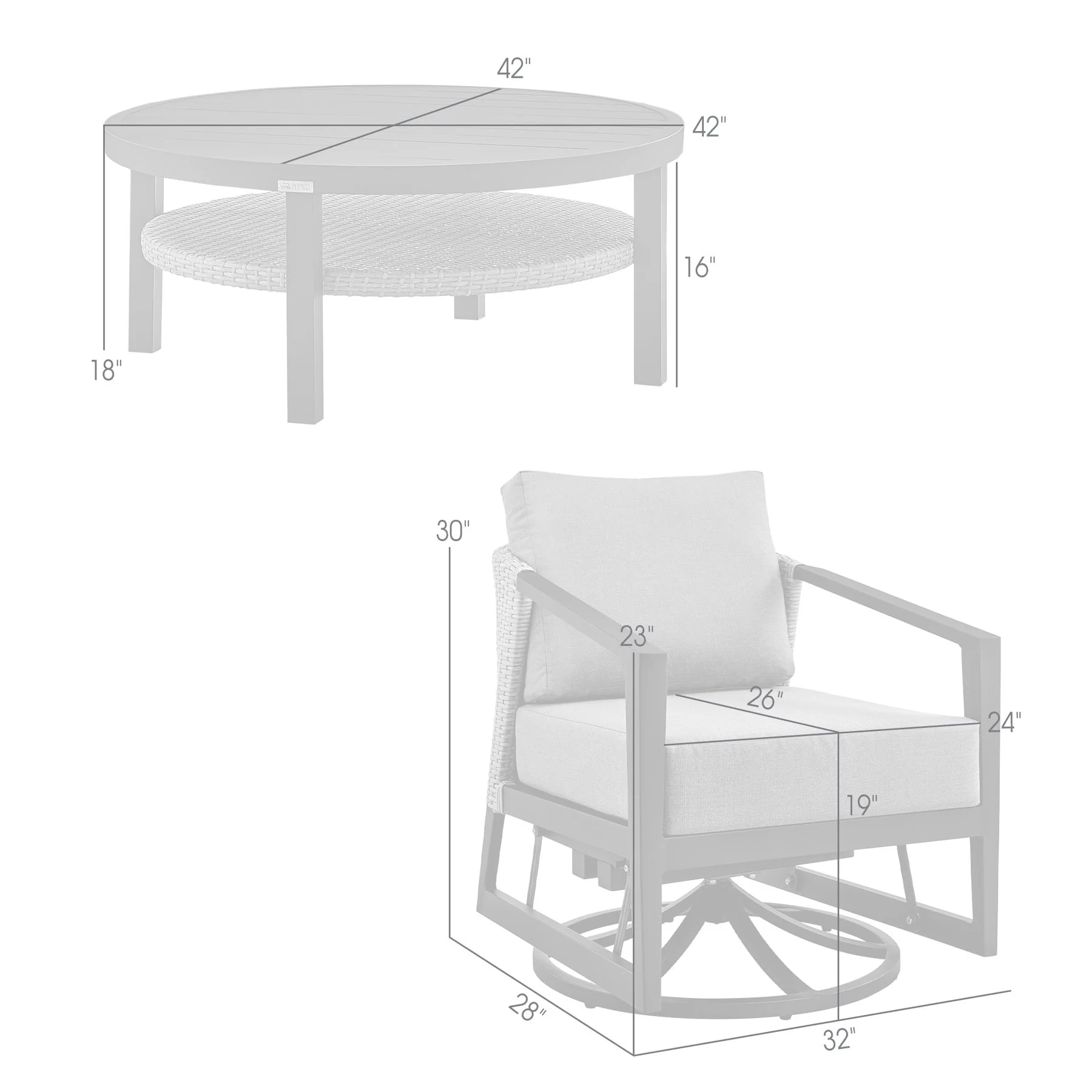 Palma 3 Piece Patio Outdoor Swivel Seating Set in Black Aluminum with Gray Wicker and Cushions - Image 11