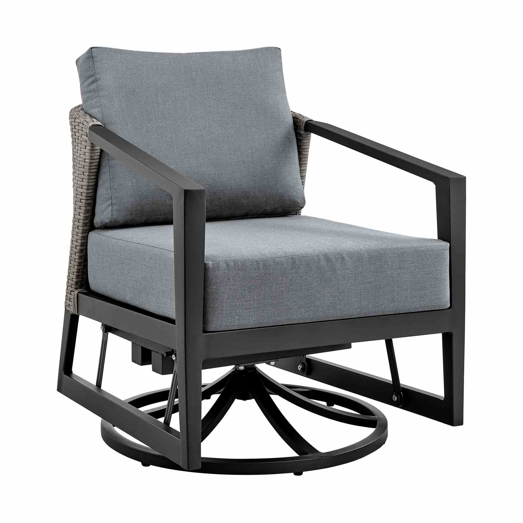 Palma 3 Piece Patio Outdoor Swivel Seating Set in Black Aluminum with Gray Wicker and Cushions - Image 2