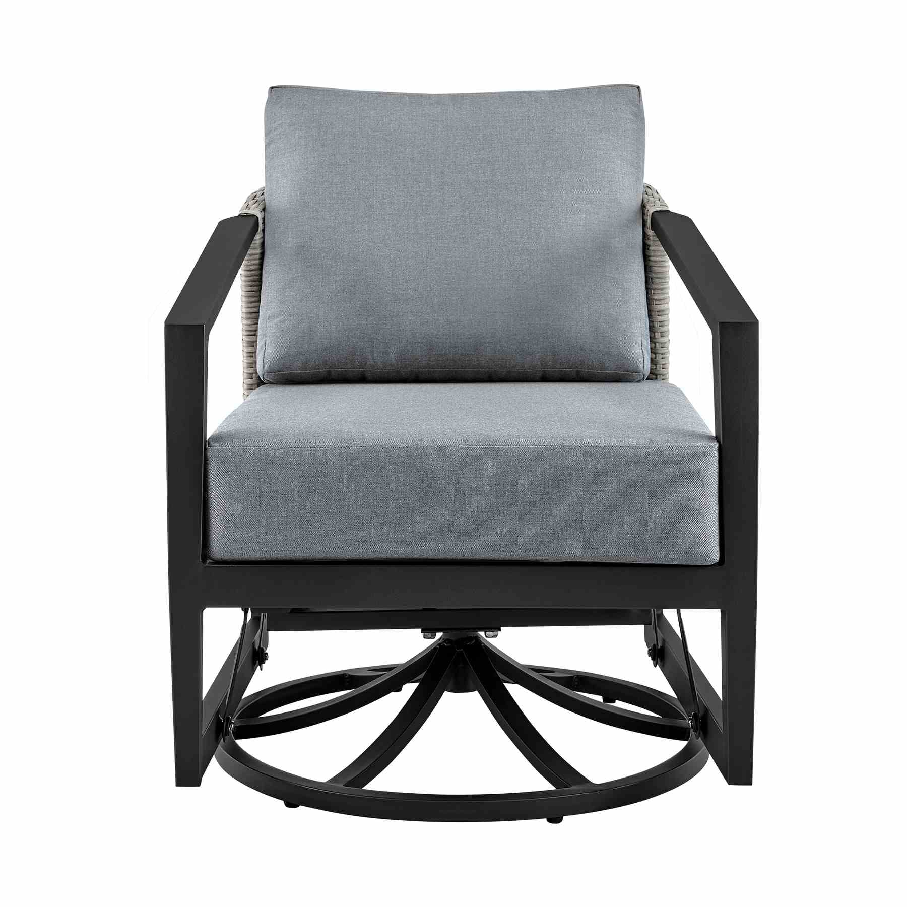 Palma 3 Piece Patio Outdoor Swivel Seating Set in Black Aluminum with Gray Wicker and Cushions - Image 3