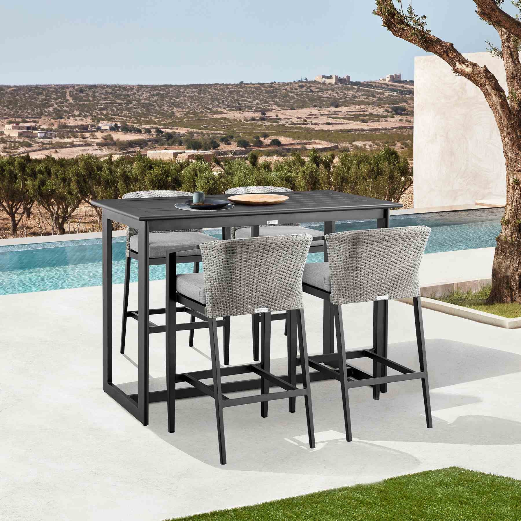 Palma Outdoor Patio 5-Piece Bar Table Set in Aluminum with Gray Cushions - Image 12