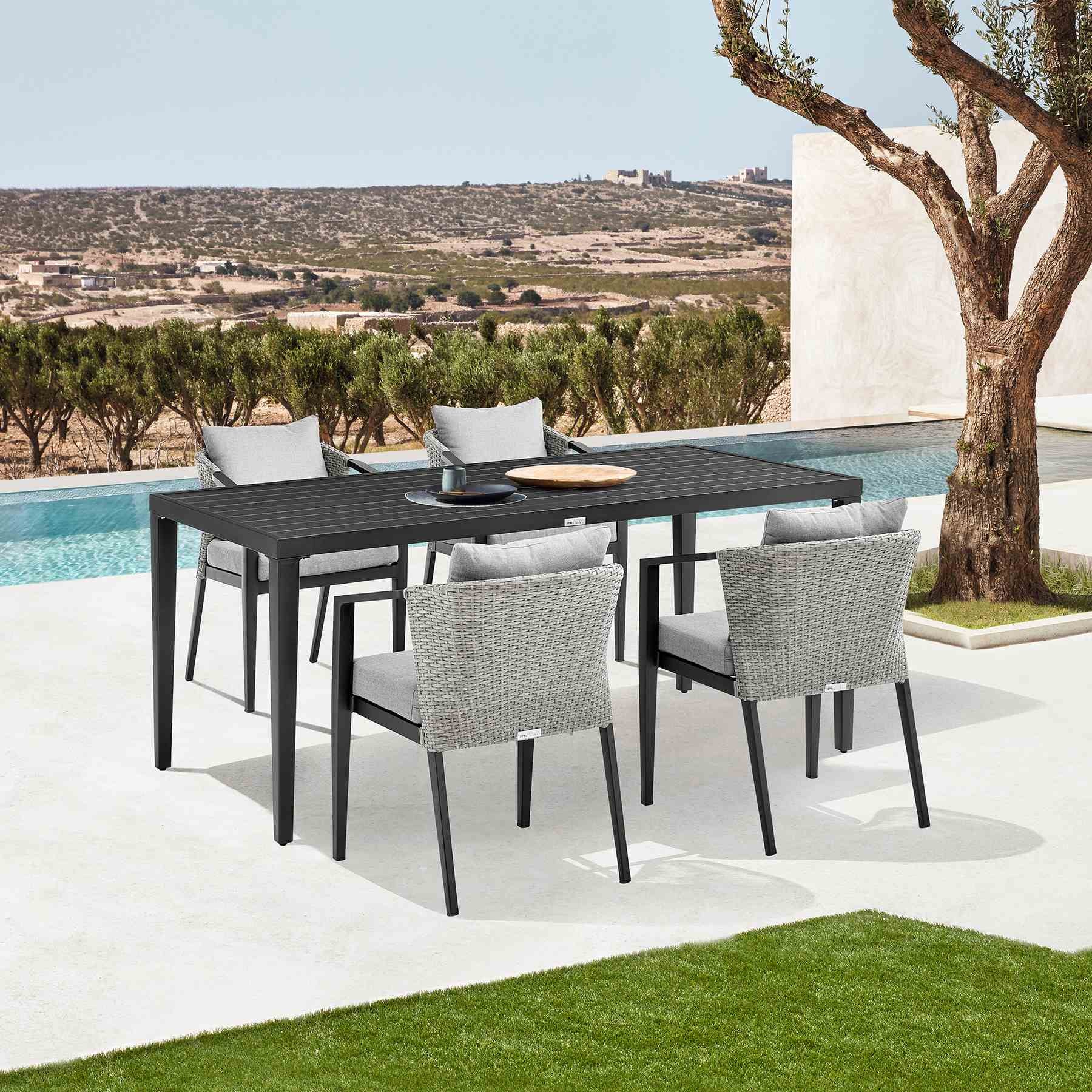 Palma Outdoor Patio 5-Piece Dining Table Set in Aluminum and Wicker with Gray Cushions - Image 12
