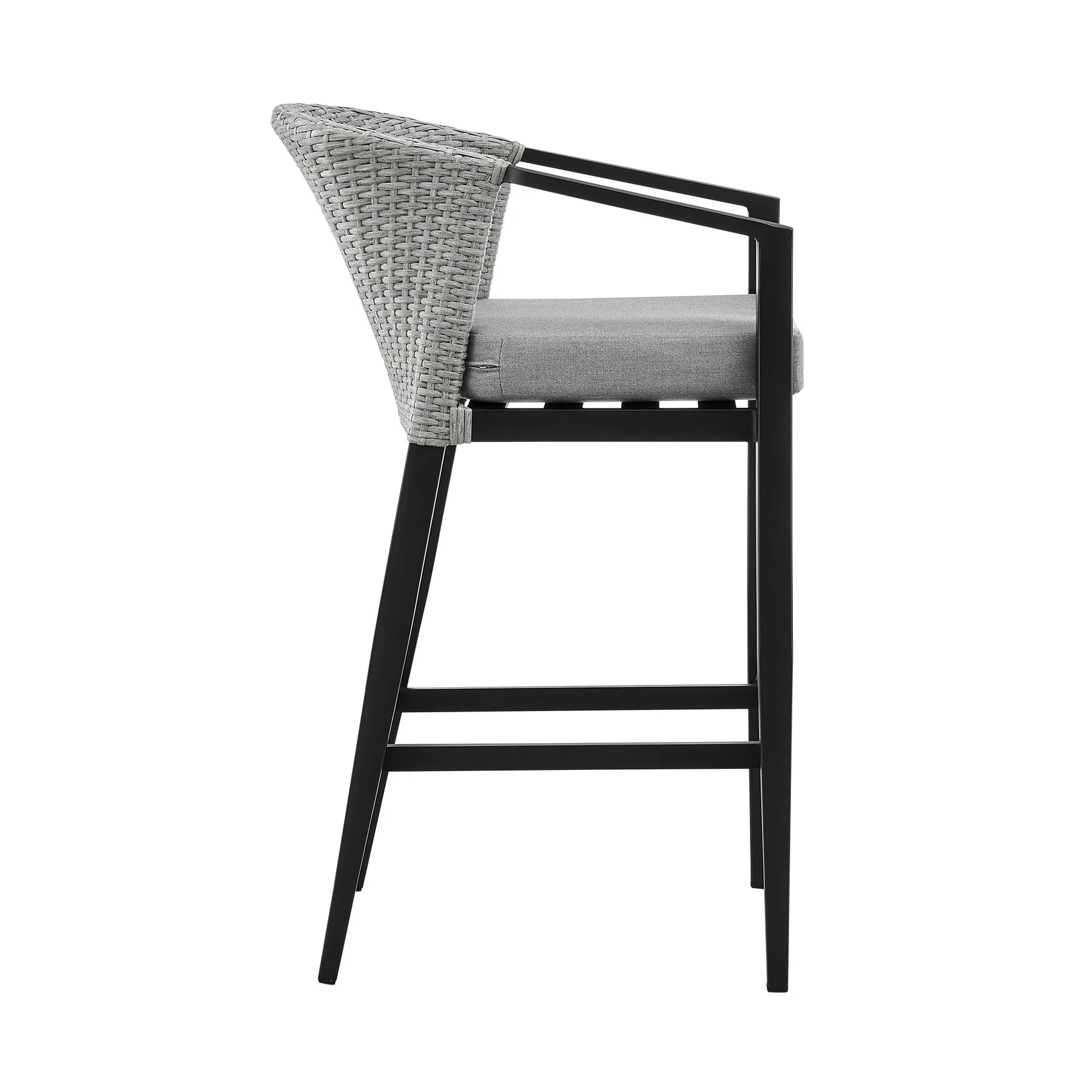 Palma Outdoor Patio Bar Stool in Aluminum and Wicker with Gray Cushions - Image 3