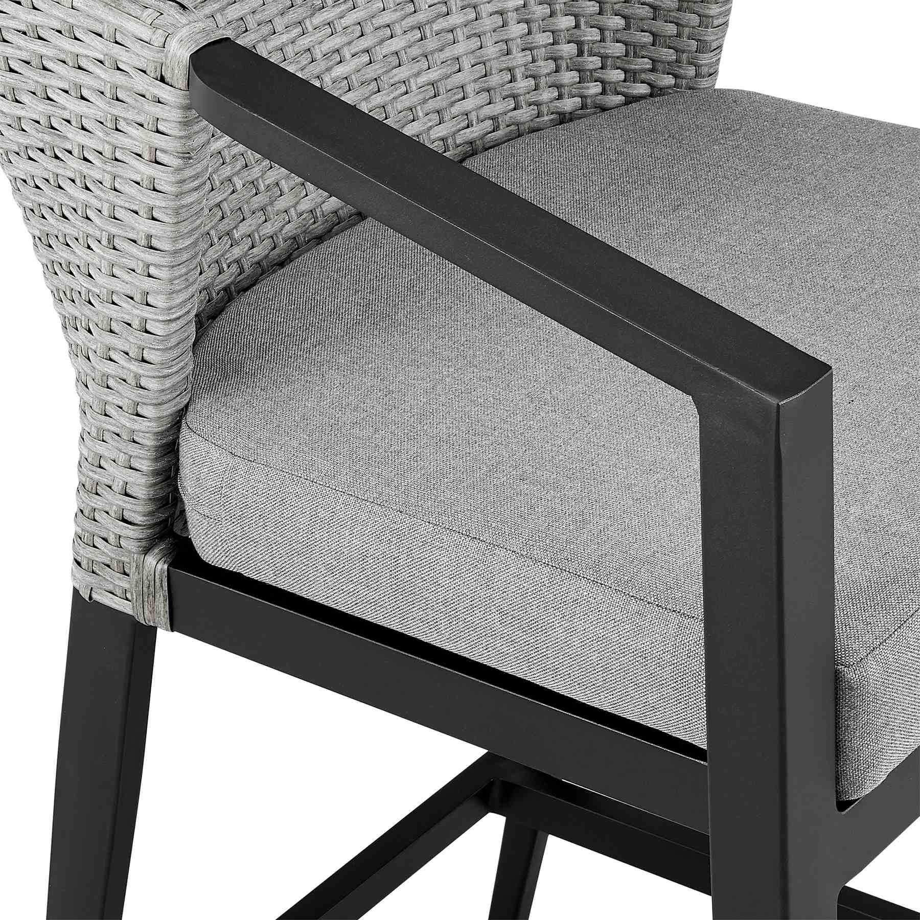 Palma Outdoor Patio Bar Stool in Aluminum and Wicker with Gray Cushions - Image 6