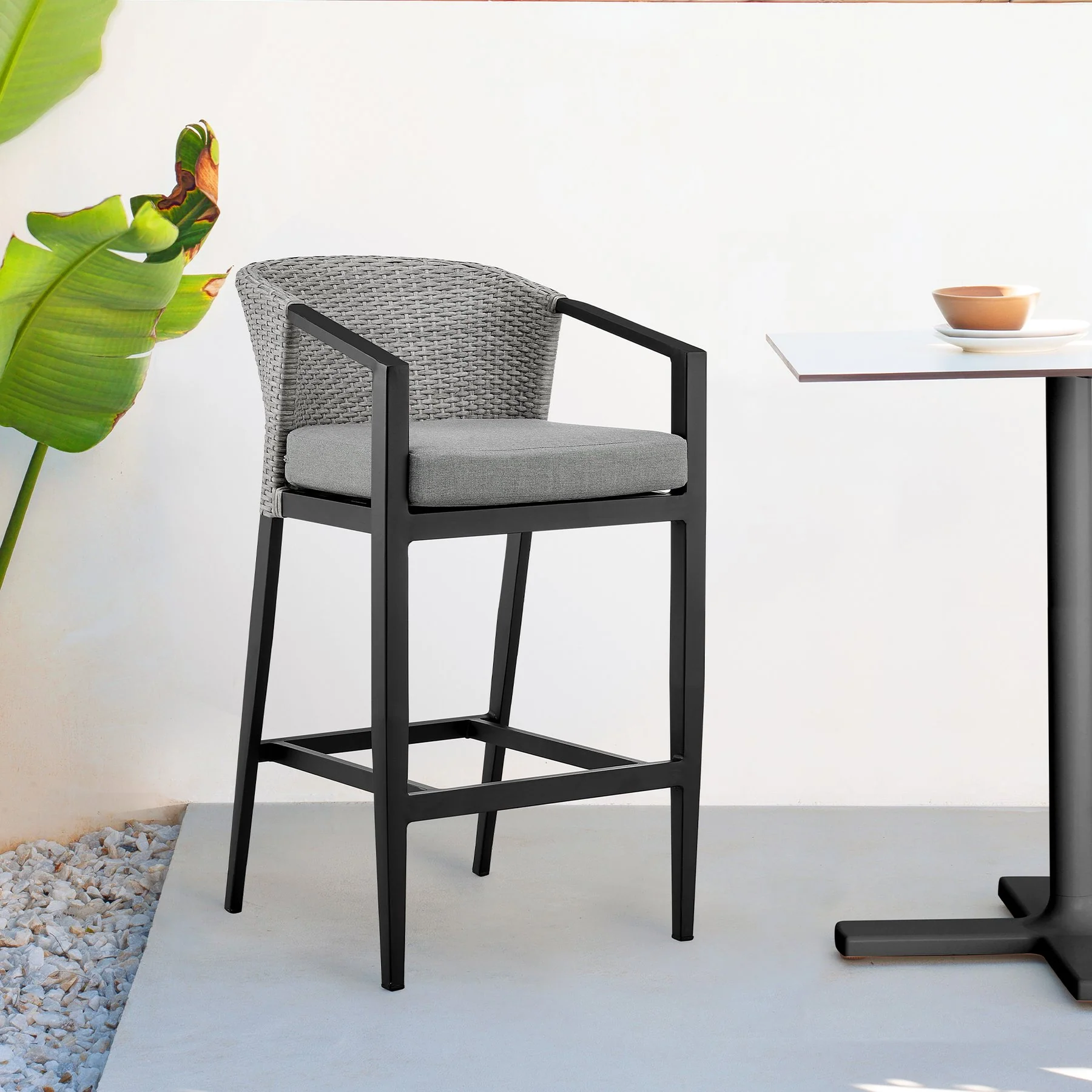 Palma Outdoor Patio Bar Stool in Aluminum and Wicker with Gray Cushions - Image 9