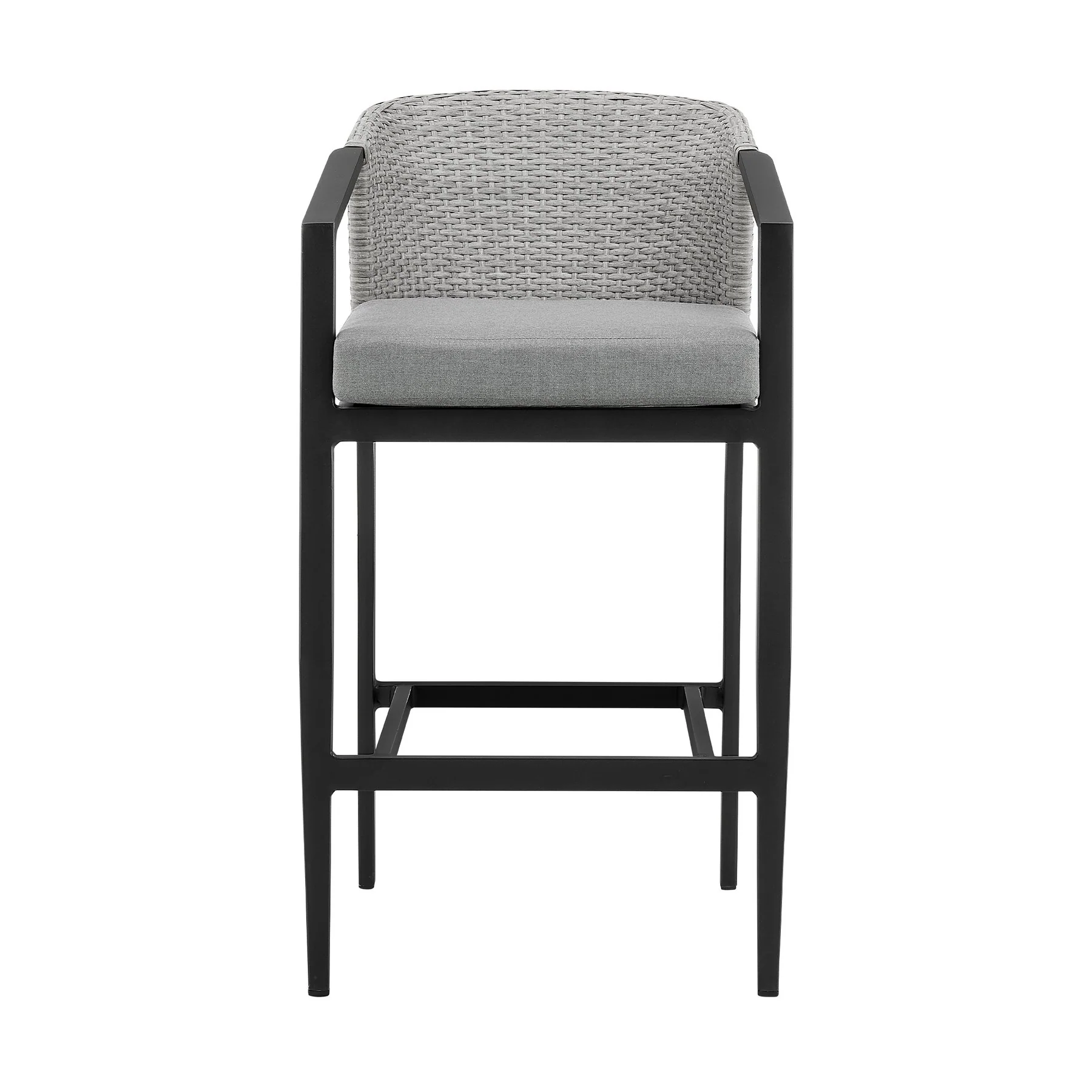Palma Outdoor Patio Counter Height Bar Stool in Aluminum and Wicker with Gray Cushions - Image 2