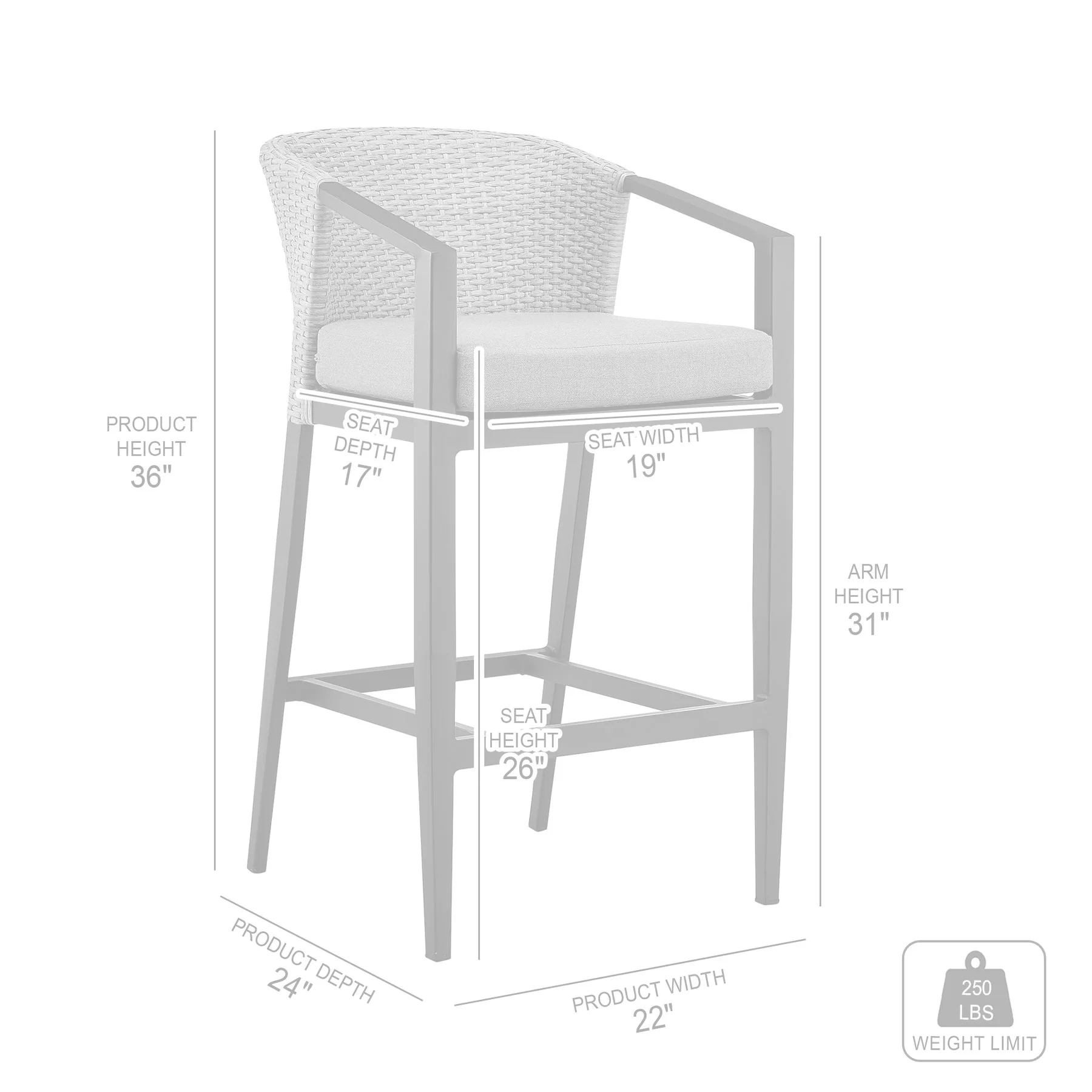 Palma Outdoor Patio Counter Height Bar Stool in Aluminum and Wicker with Gray Cushions - Image 8
