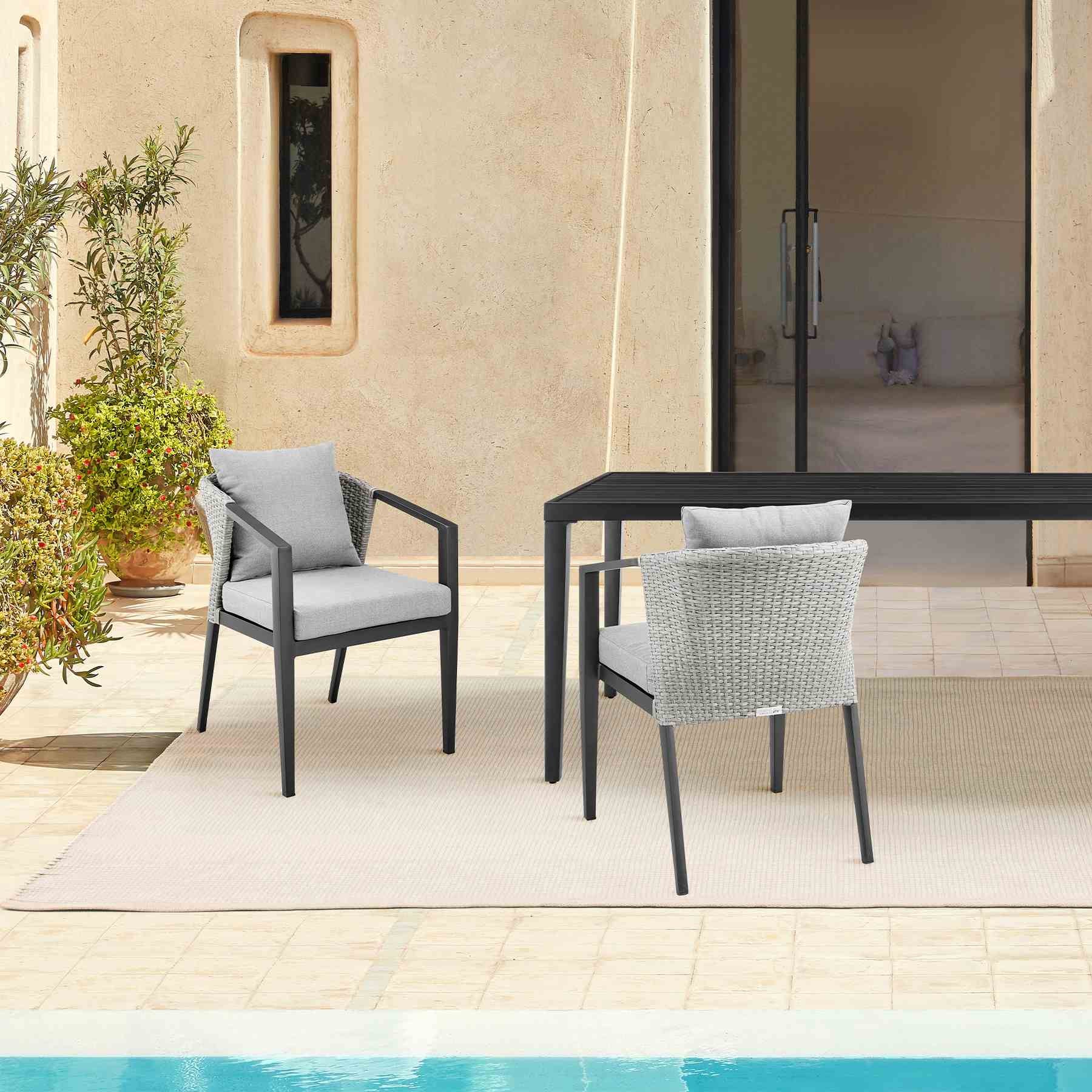 Palma Outdoor Patio Dining Chairs in Aluminum and Wicker with Gray Cushions - Set of 2 - Image 10