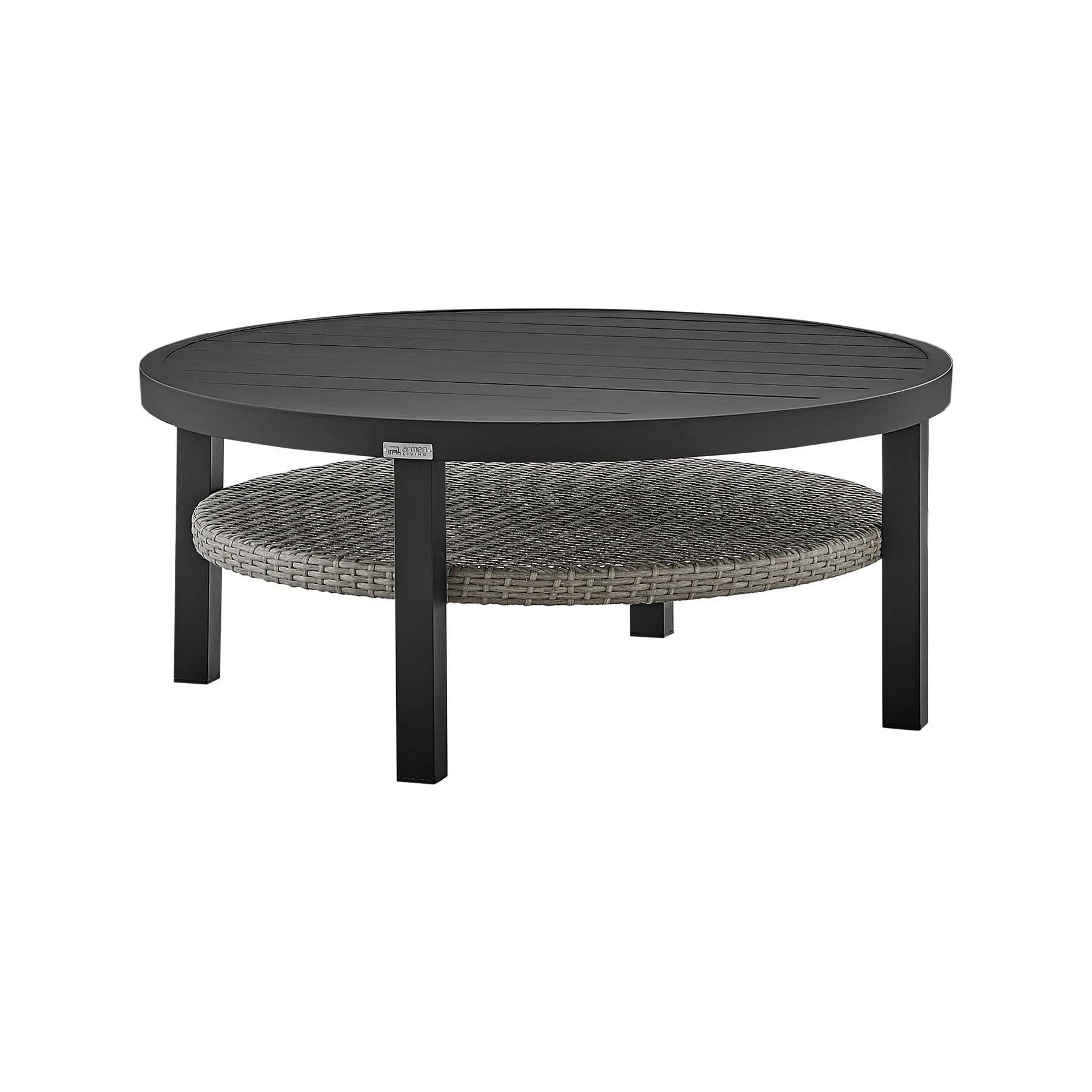 Palma Outdoor Patio Round Coffee Table in Black Aluminum with Gray Wicker Shelf - Image 2