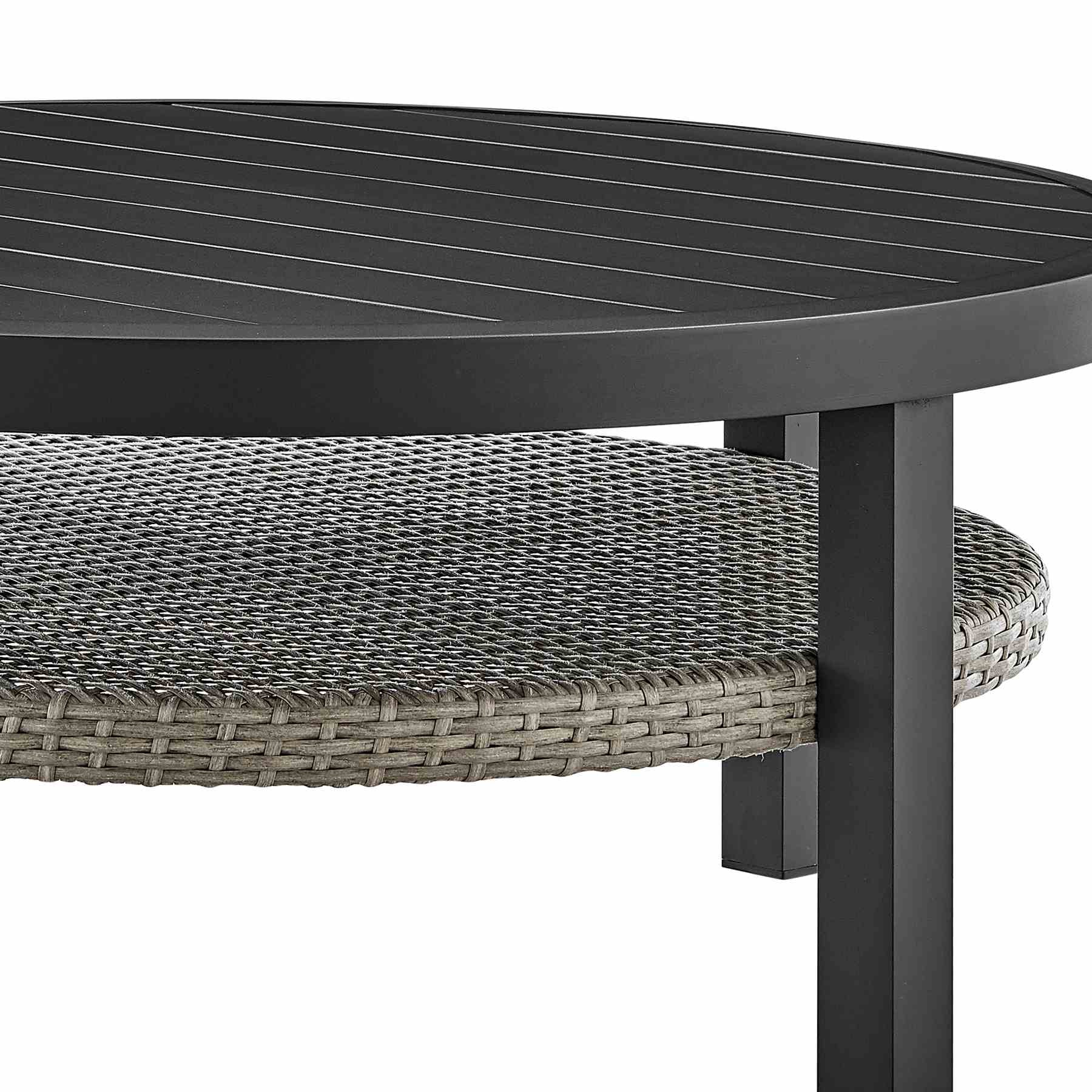Palma Outdoor Patio Round Coffee Table in Black Aluminum with Gray Wicker Shelf - Image 3