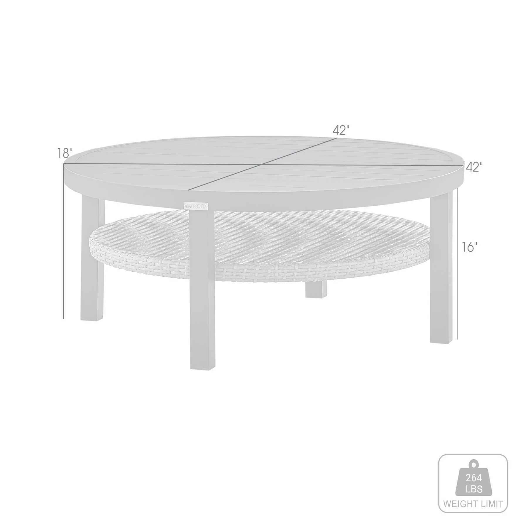 Palma Outdoor Patio Round Coffee Table in Black Aluminum with Gray Wicker Shelf - Image 5