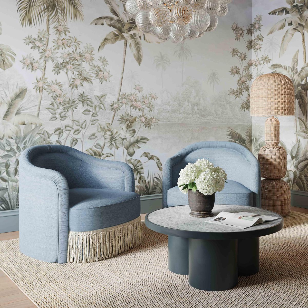 Pamela Faded Blue Recycled Fabric Tassel Lounge Chair - Image 2