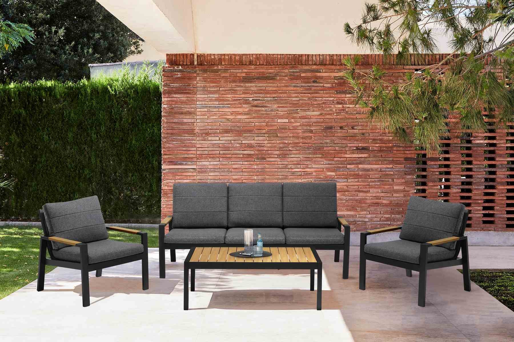 Panama Outdoor 4 Piece Black Aluminum Sofa Seating Set with Dark Gray Olefin - Image 9