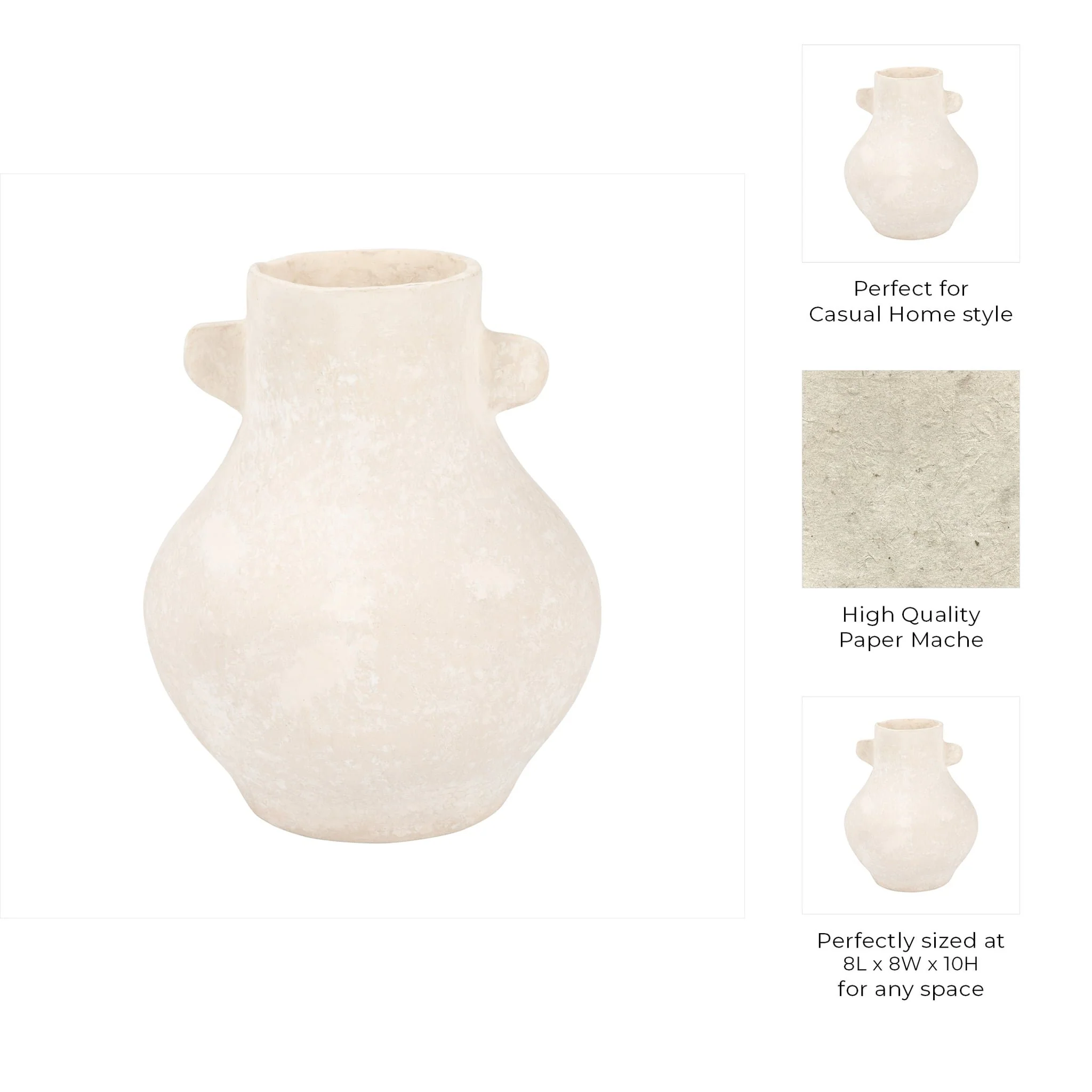 Paper Mache, 10" Eared Vase, Ivory - Image 10