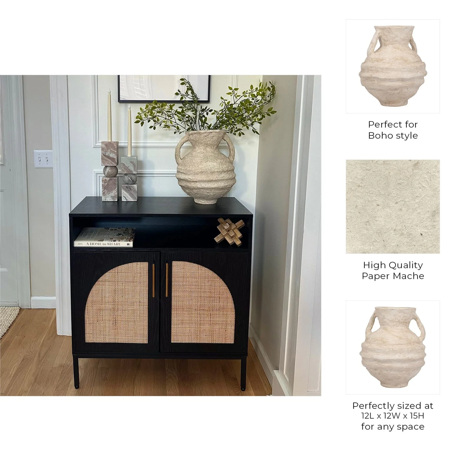 Paper Mache, 15" Vase With Handles, White - Image 10