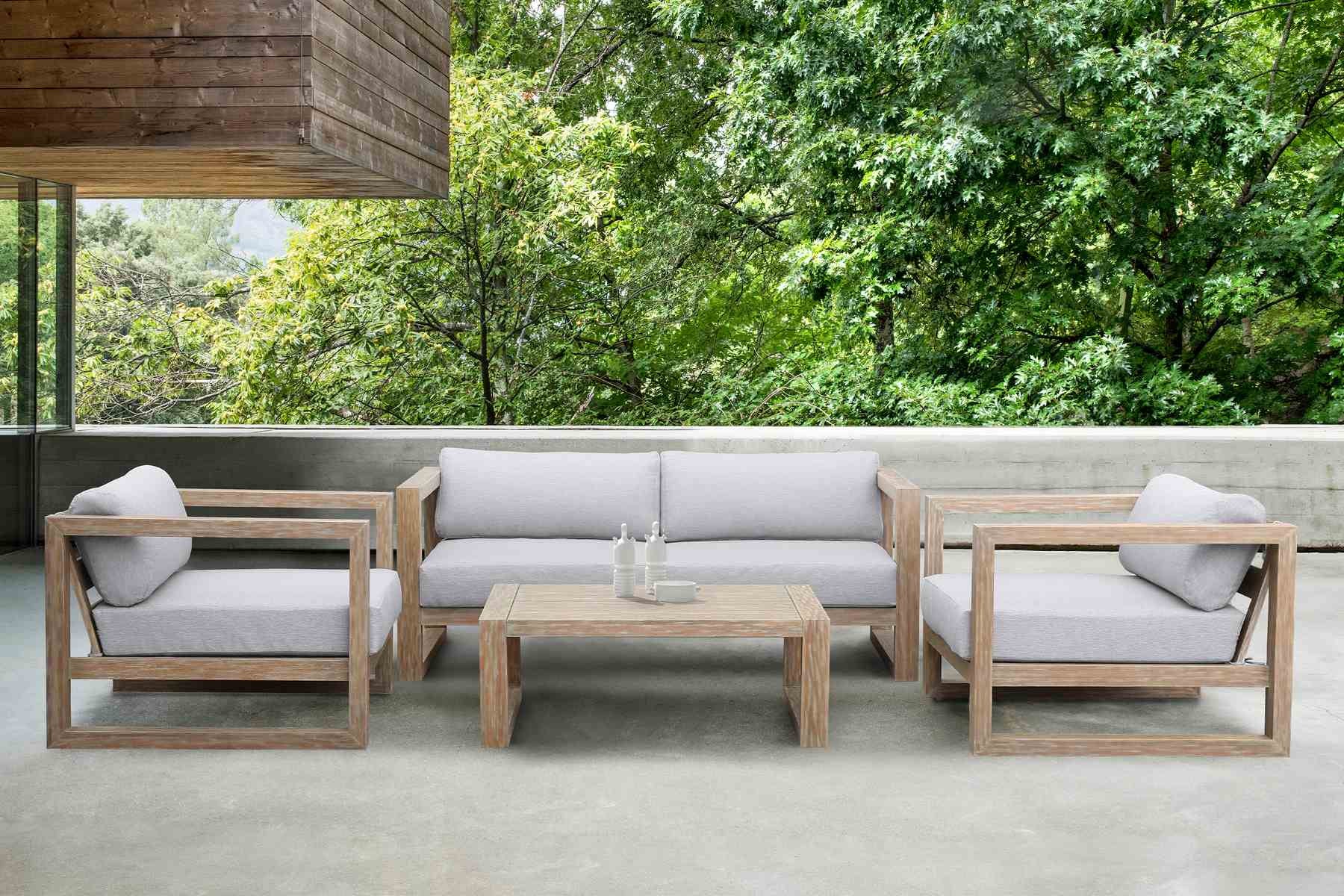 Paradise 4 Piece Outdoor Light Eucalyptus Wood Sofa Seating Set with Gray Cushions - Image 9