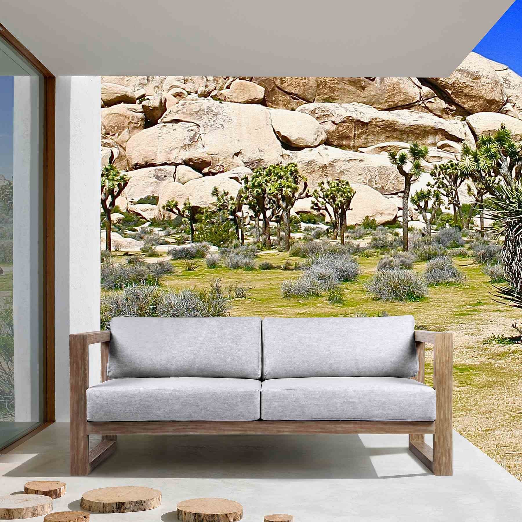 Paradise Outdoor Light Eucalyptus Wood Sofa with Gray Cushions - Image 9