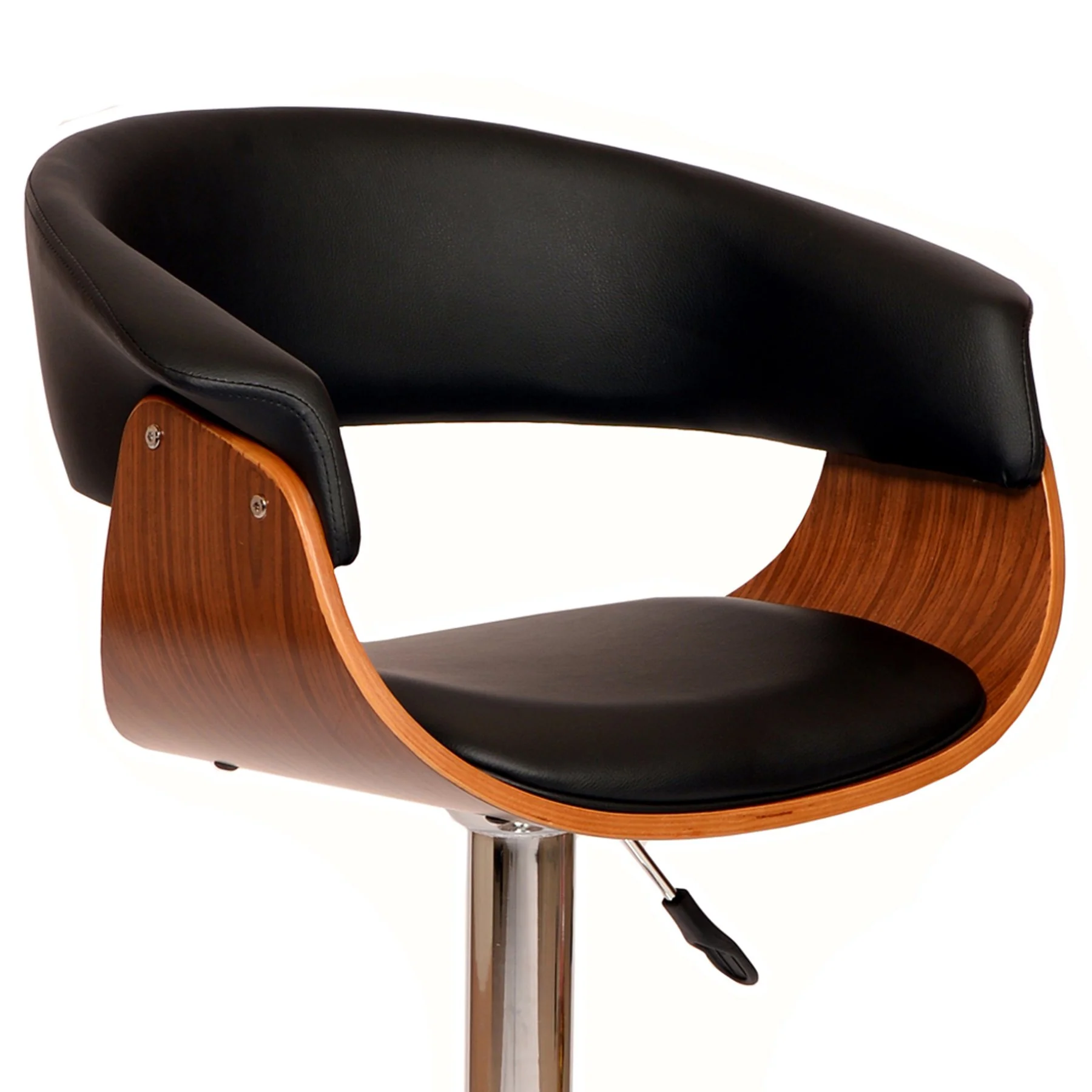 Paris Black Faux Leather Adjustable Height Swivel Walnut Wood and Chrome Bar Stool - Image 2