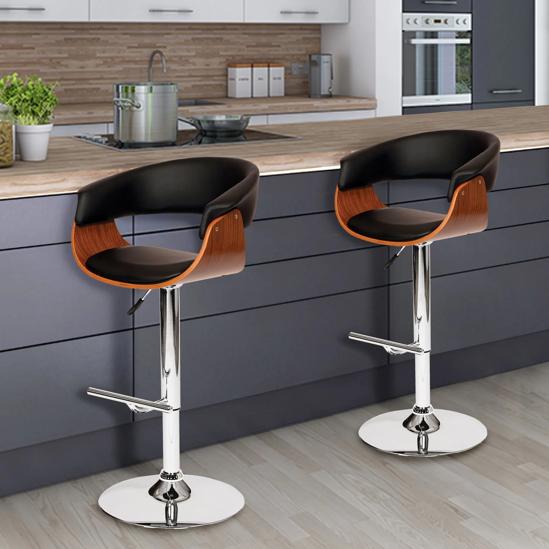 Paris Black Faux Leather Adjustable Height Swivel Walnut Wood and Chrome Bar Stool - Image 5