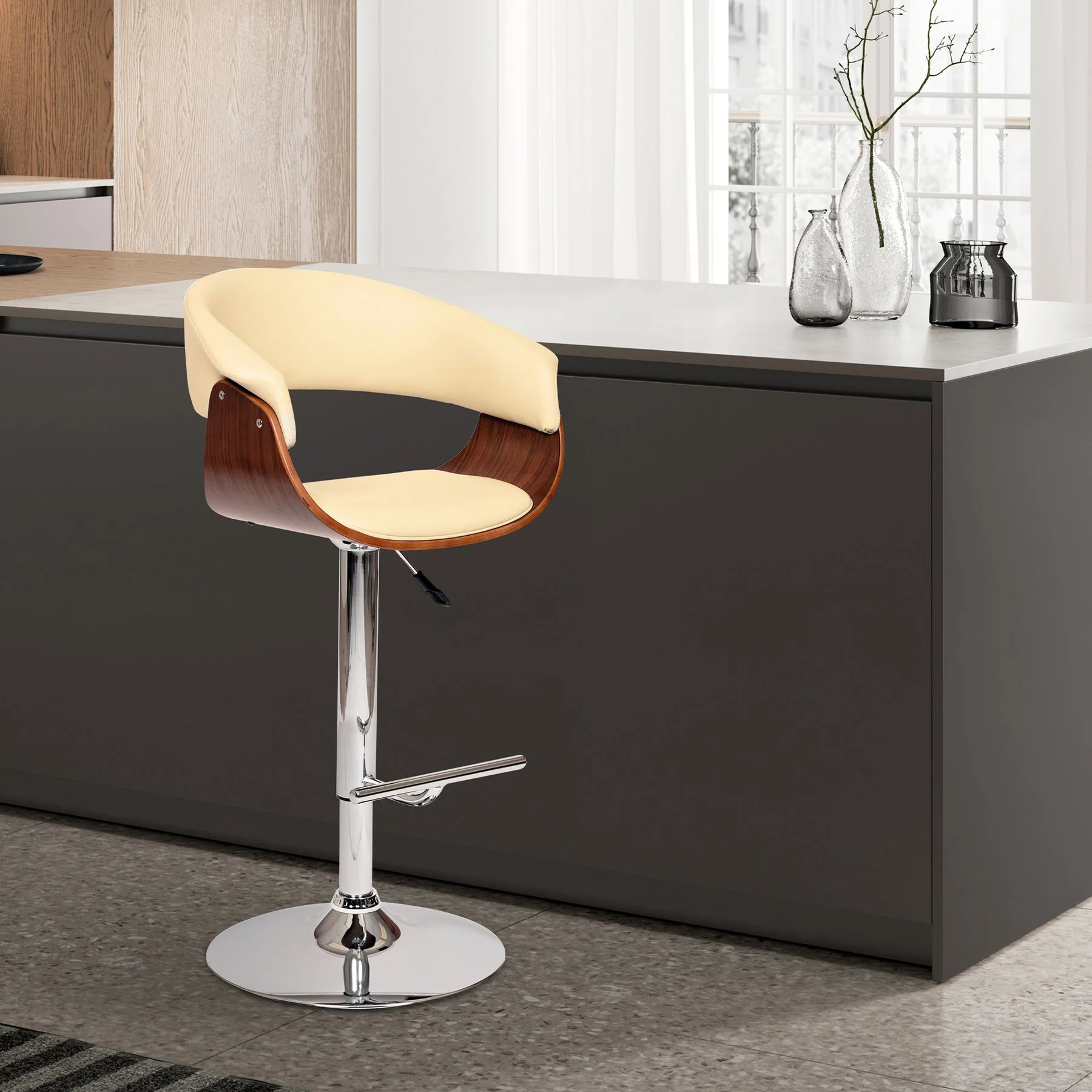 Paris Cream Faux Leather Adjustable Height Swivel Walnut Wood and Chrome Bar Stool - Image 5
