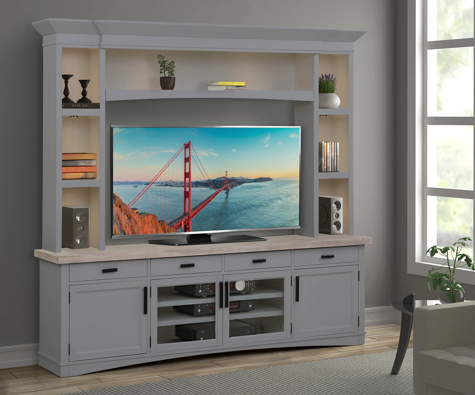 Parker House Americana Modern - Dove 92 In. TV Console with Hutch and LED Lights - Image 3