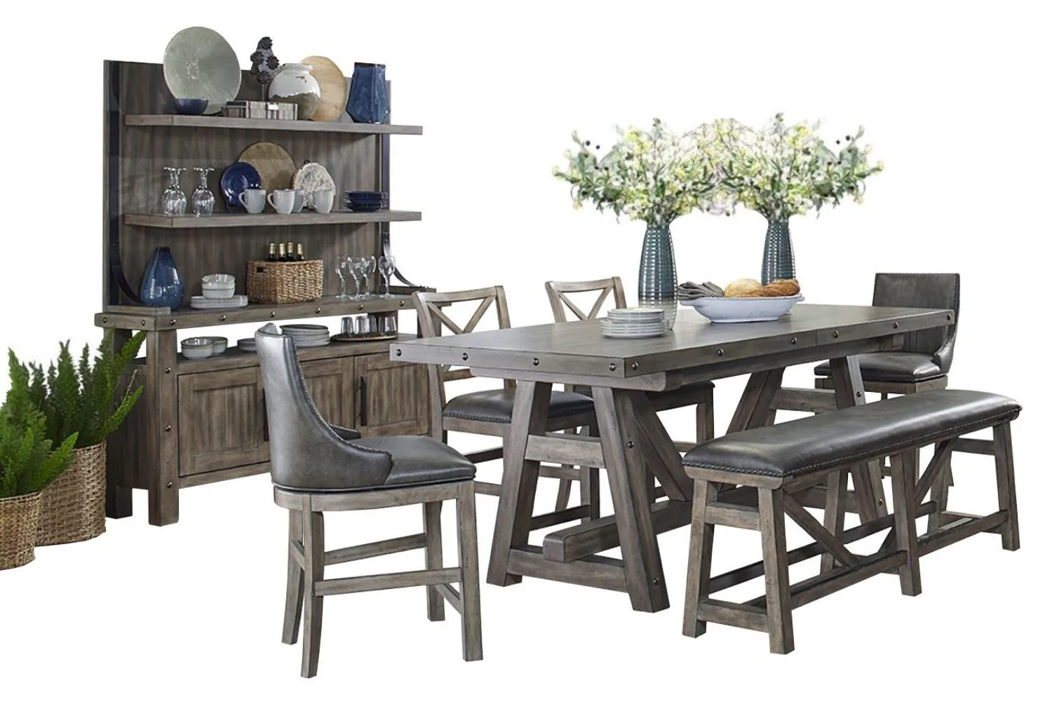Parker House Lodge Dining Counter Table with 2 Sling Stools 2 X-Back Stools 1 Bench Buffet with Hutch - Image 2