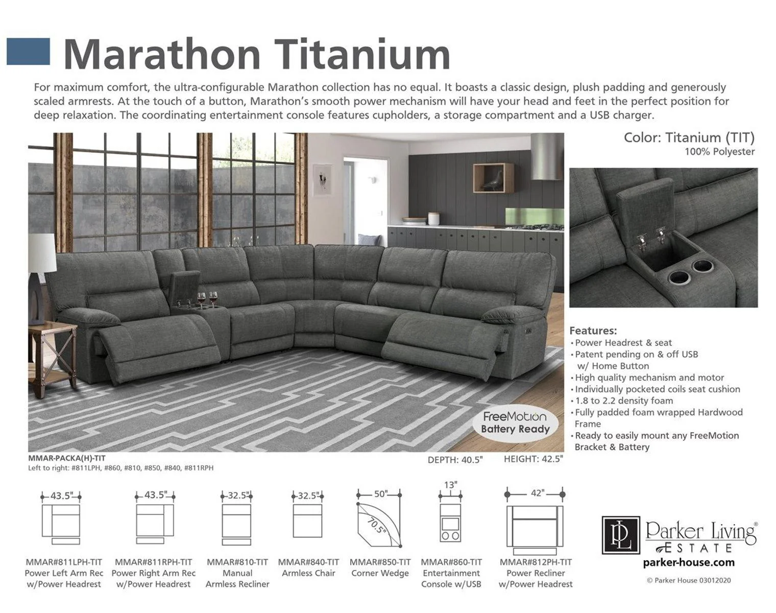 Parker House Marathon Manual Armless Recliner in Titanium - Image 2