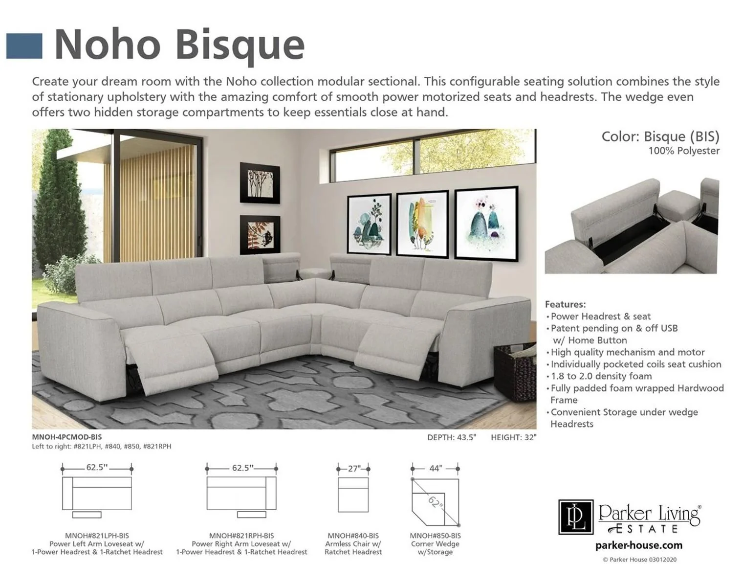 Parker House Noho Power Left Arm Facing Loveseat in Bisque - Image 3