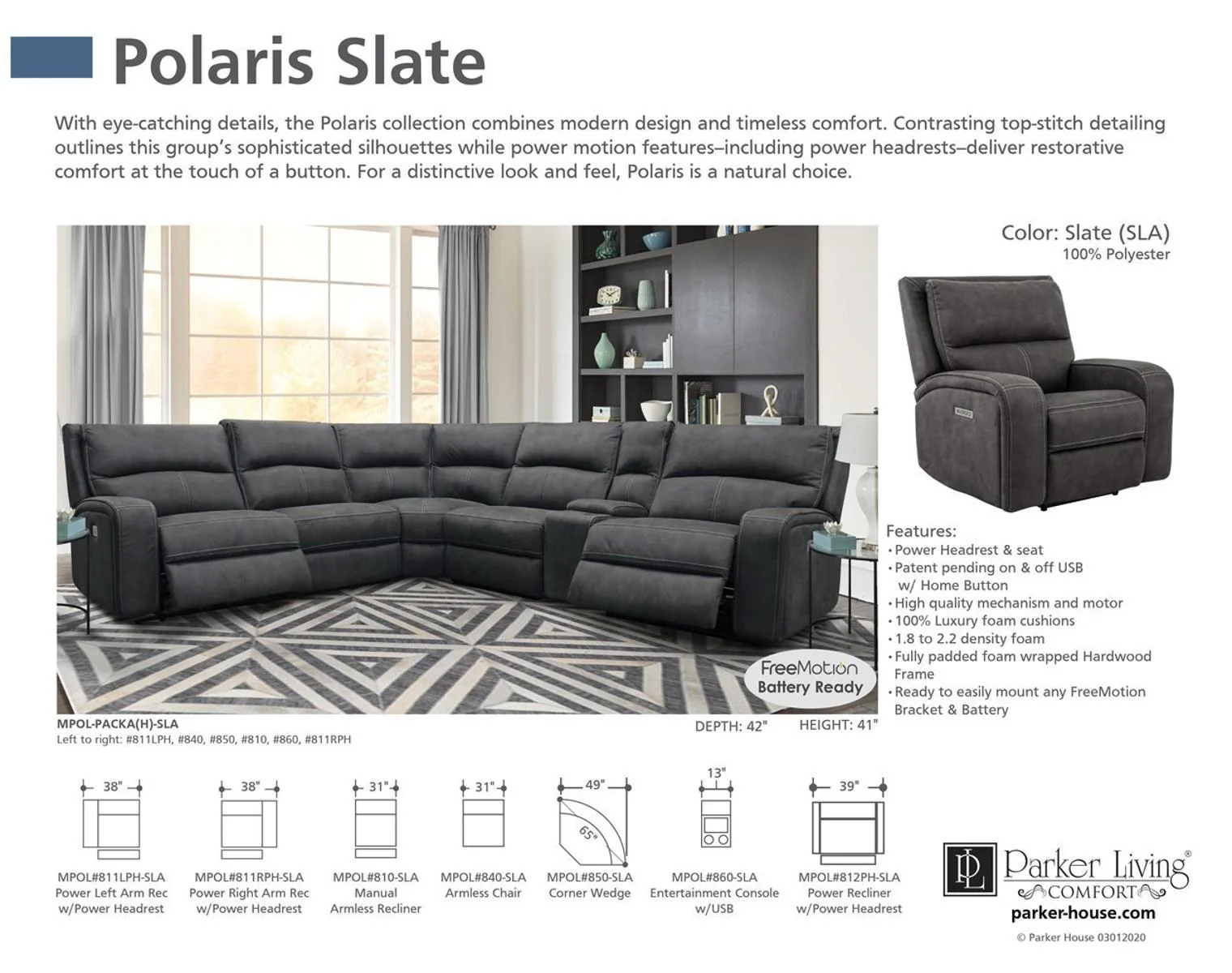 Parker House Polaris Manual Armless Recliner in Slate - Image 3