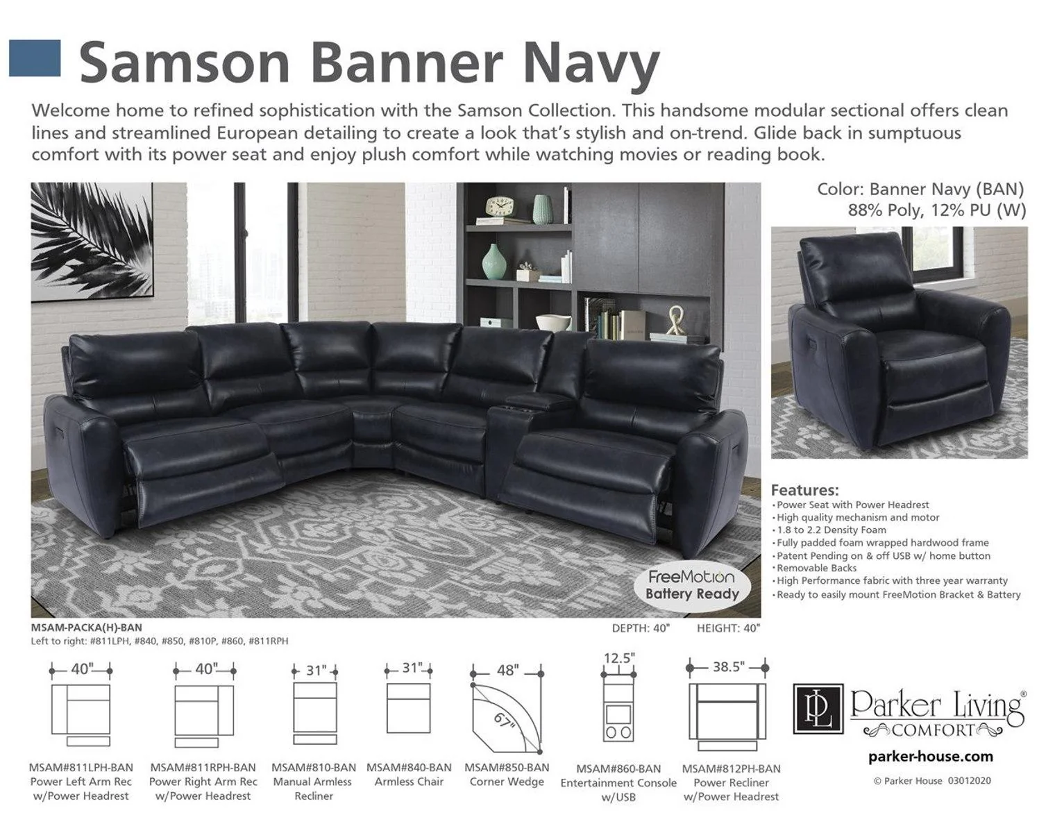 Parker House Samson Armless Chair in Banner Navy - Image 4