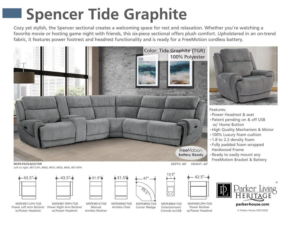 Parker House Spencer Armless Recliner in Tide Graphite - Image 3