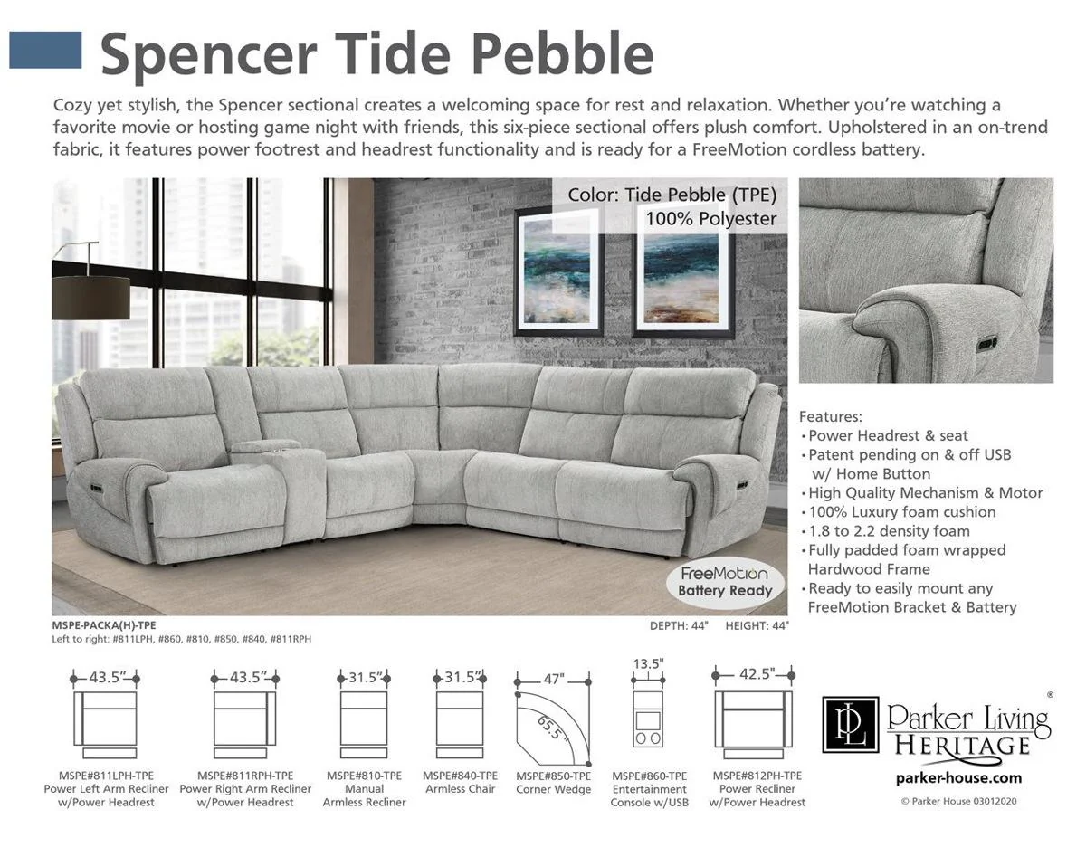 Parker House Spencer Power Left Arm Facing Recliner in Tide Pebble - Image 3