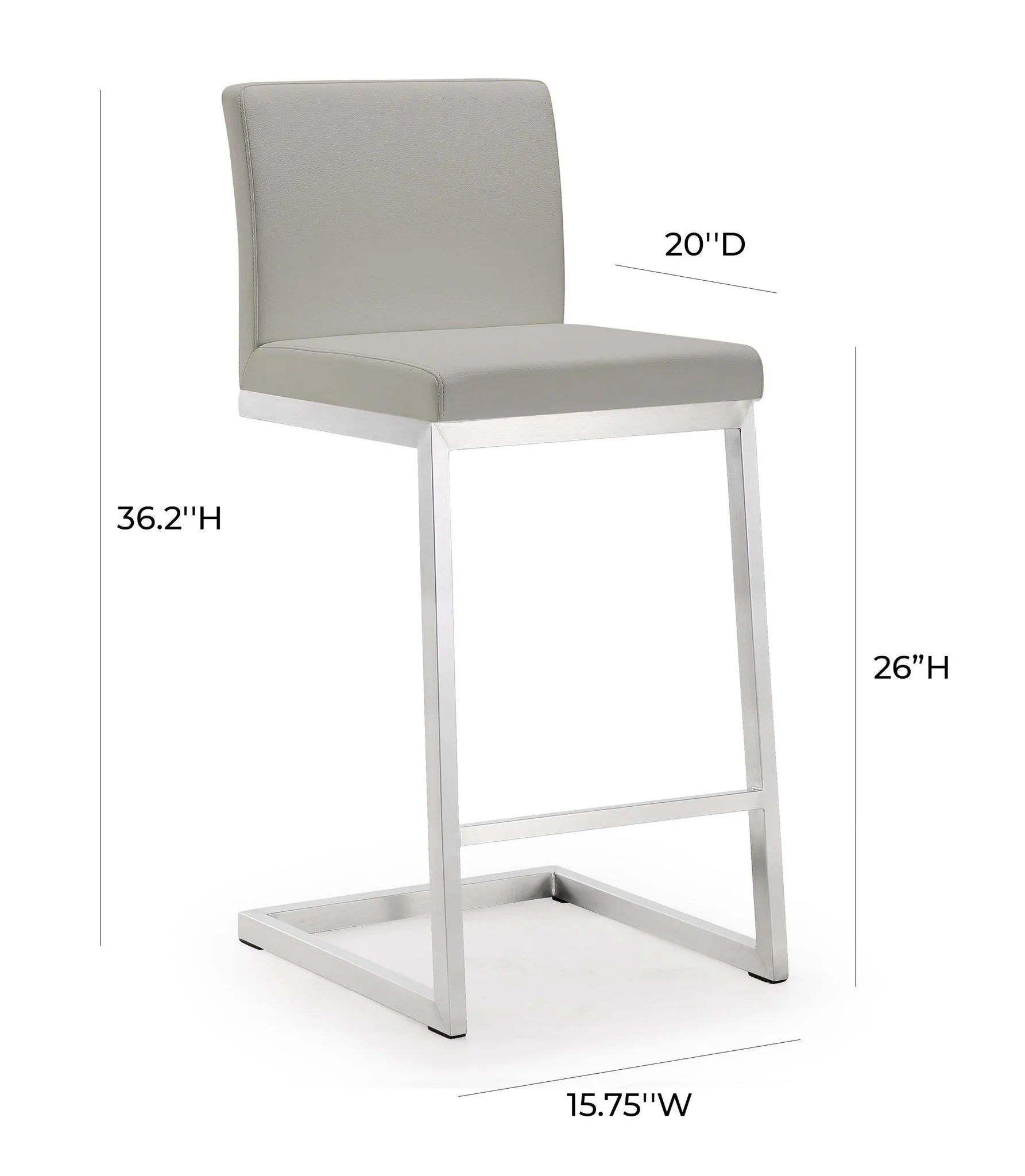 Parma Light Grey Performance Vegan Leather and Stainless Steel Counter Stool - Set of 2 - Image 9