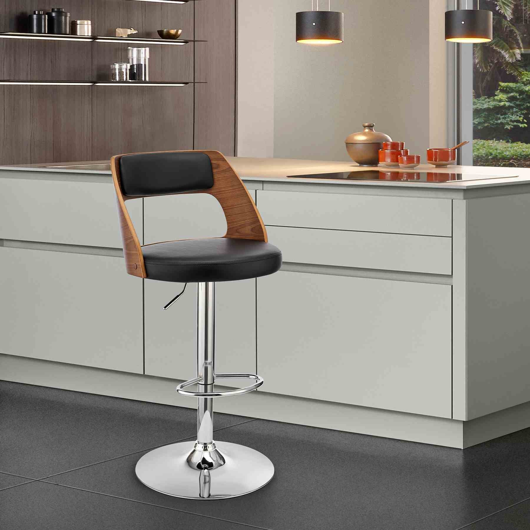 Paulo Adjustable Swivel Black Faux Leather and Walnut Wood Bar Stool with Chrome Base - Image 10