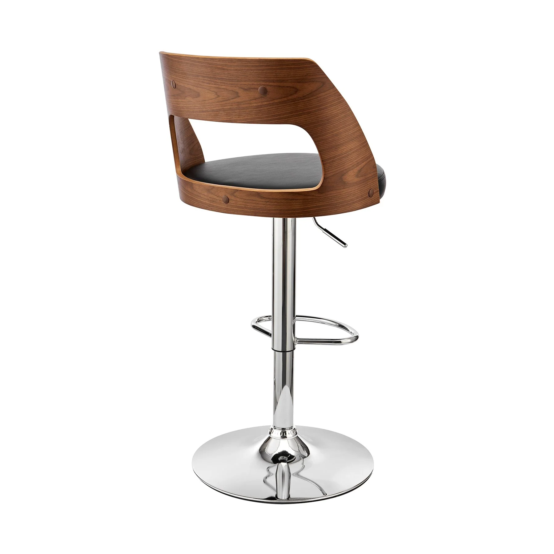 Paulo Adjustable Swivel Black Faux Leather and Walnut Wood Bar Stool with Chrome Base - Image 4