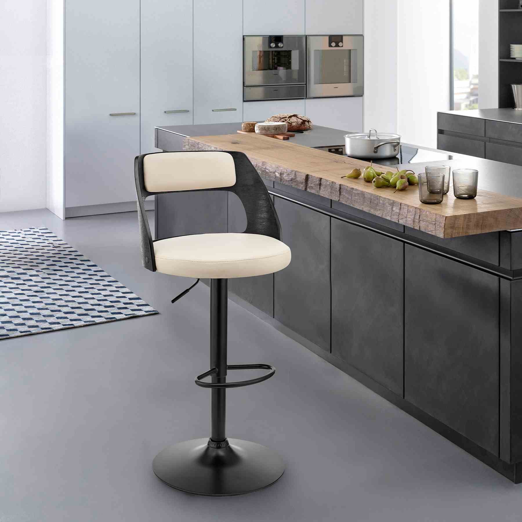 Paulo Adjustable Swivel Cream Faux Leather and Black Wood Bar Stool with Black Base - Image 10