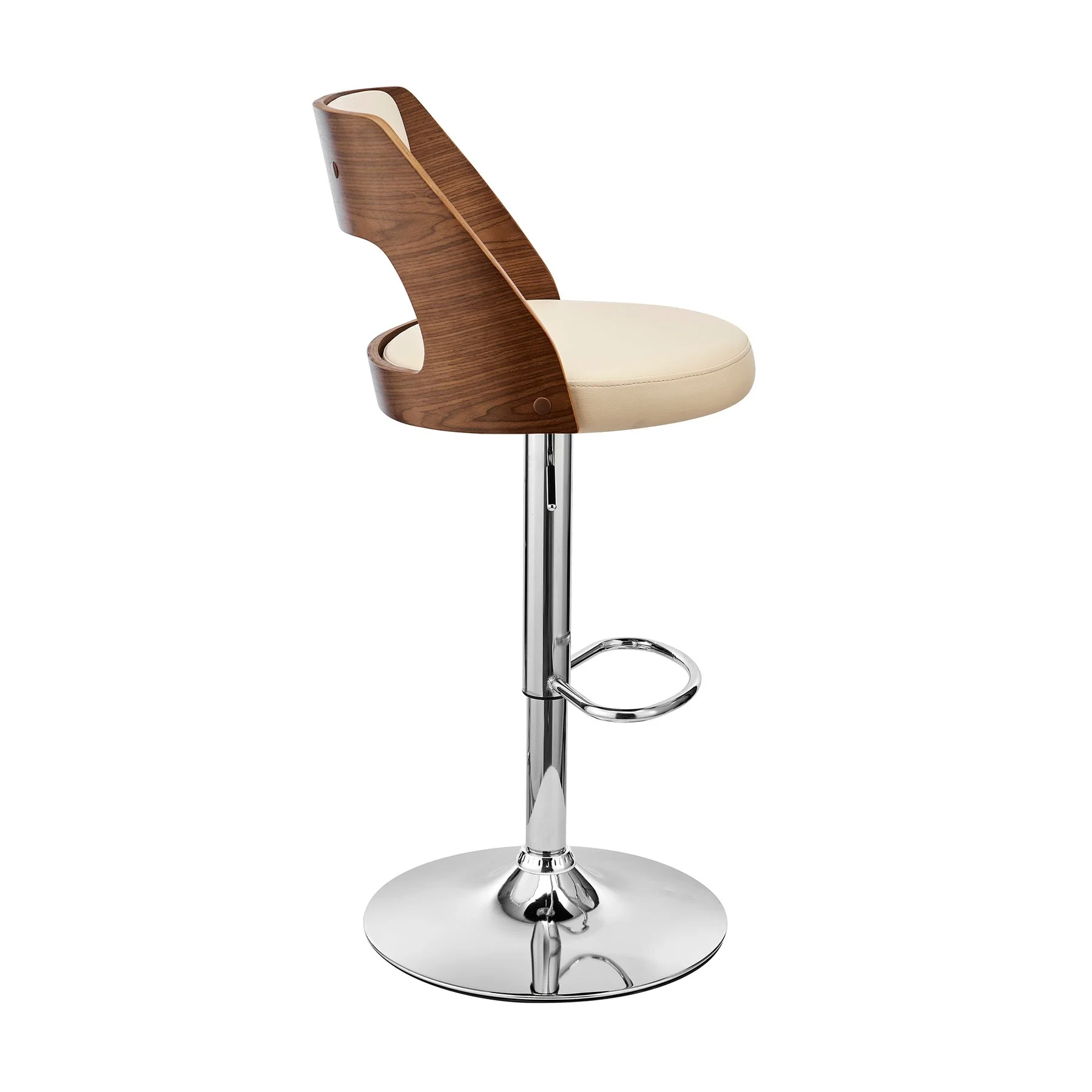 Paulo Adjustable Swivel Cream Faux Leather and Walnut Wood Bar Stool with Chrome Base - Image 3