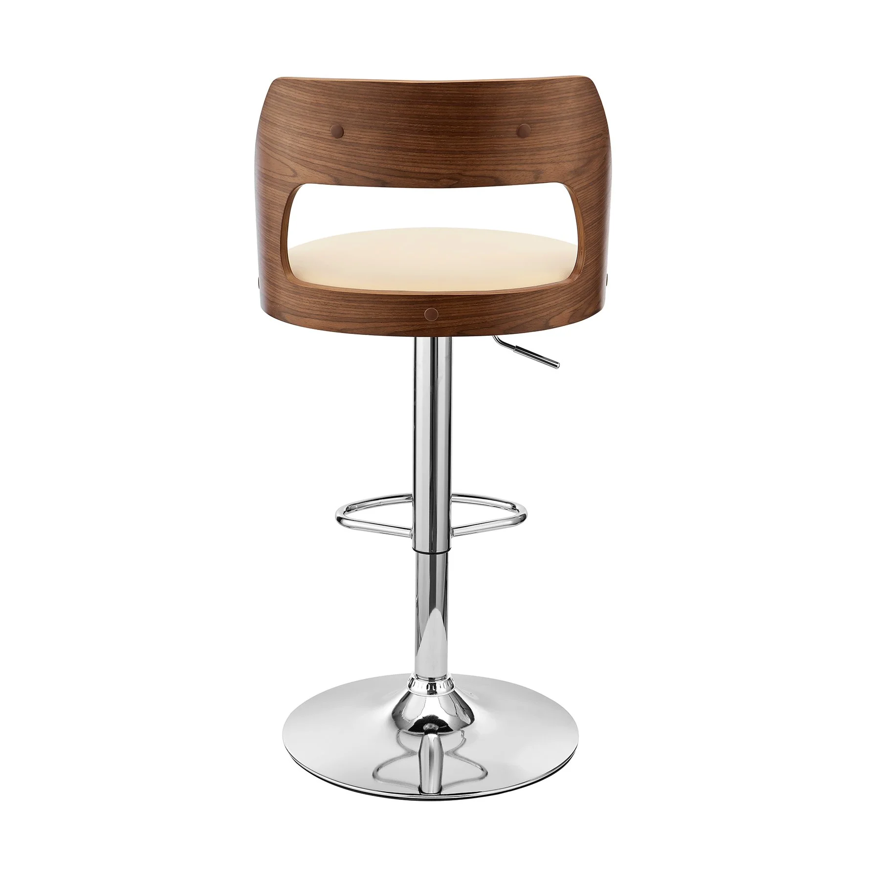 Paulo Adjustable Swivel Cream Faux Leather and Walnut Wood Bar Stool with Chrome Base - Image 5