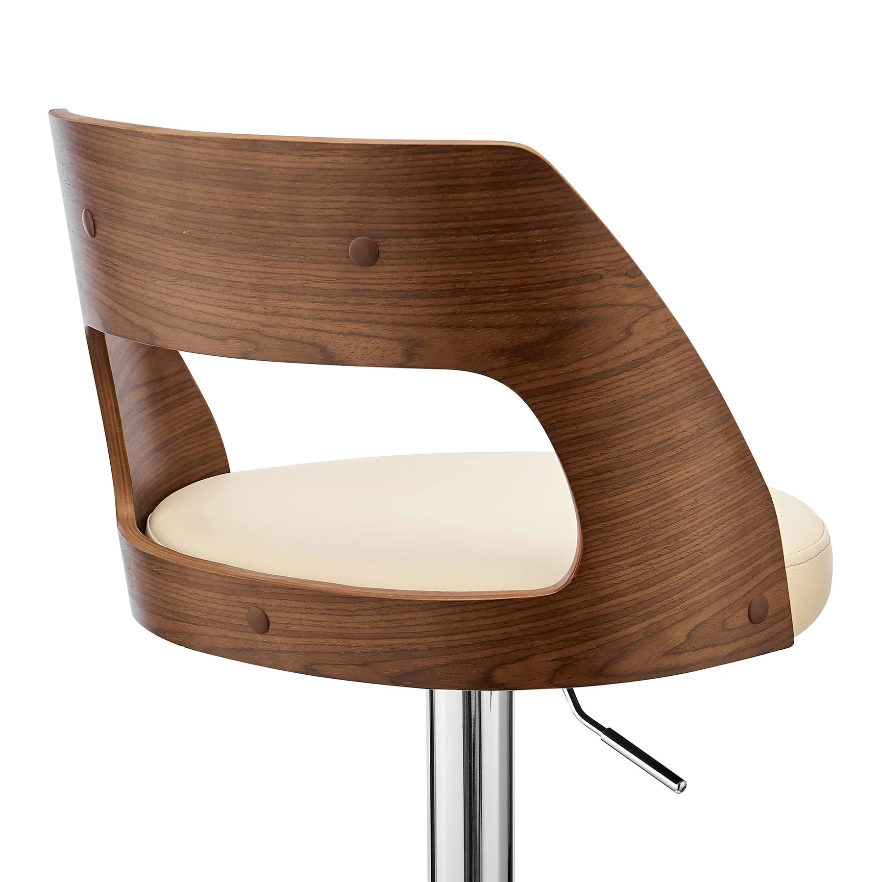 Paulo Adjustable Swivel Cream Faux Leather and Walnut Wood Bar Stool with Chrome Base - Image 7