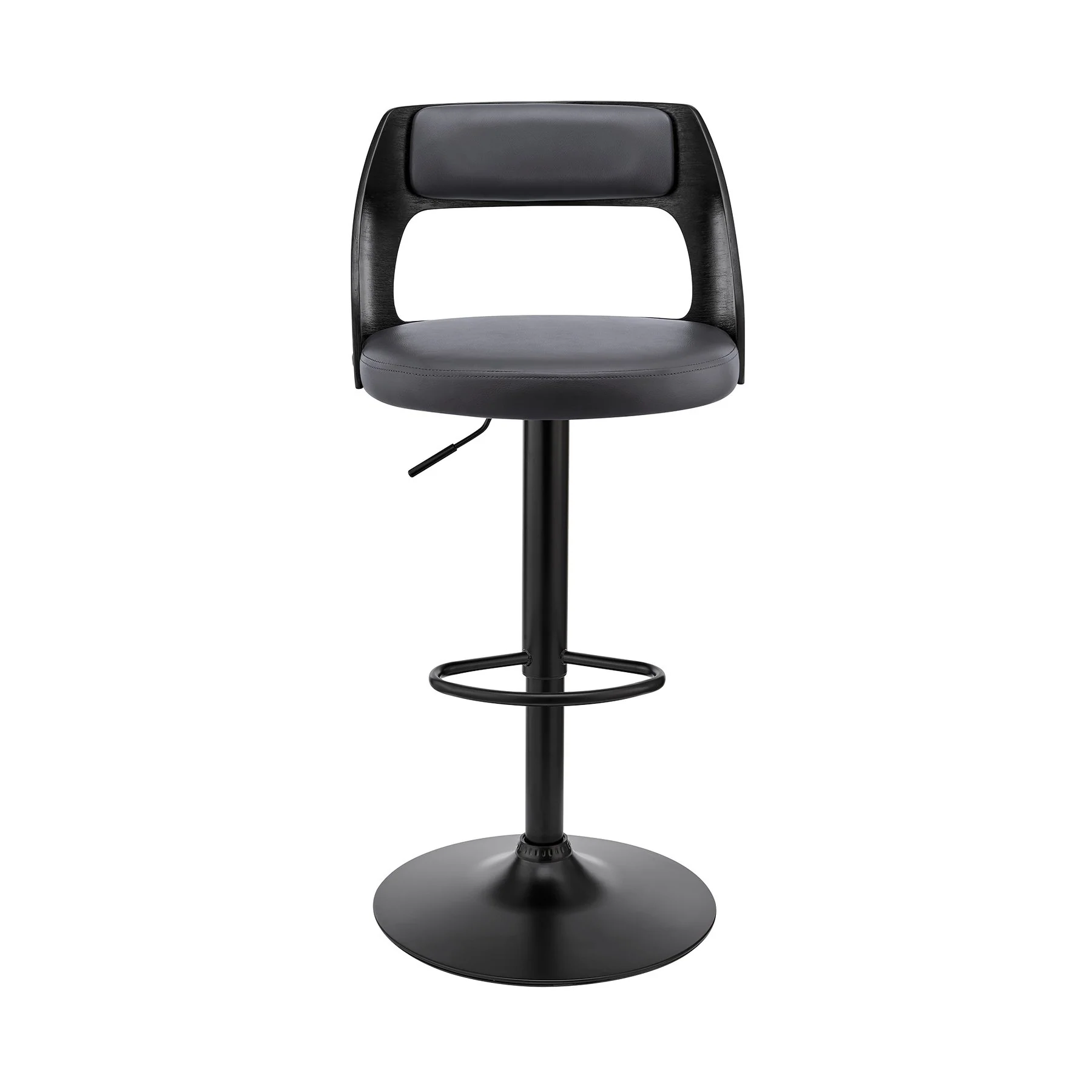 Paulo Adjustable Swivel Gray Faux Leather and Black Wood Bar Stool with Black Base - Image 2