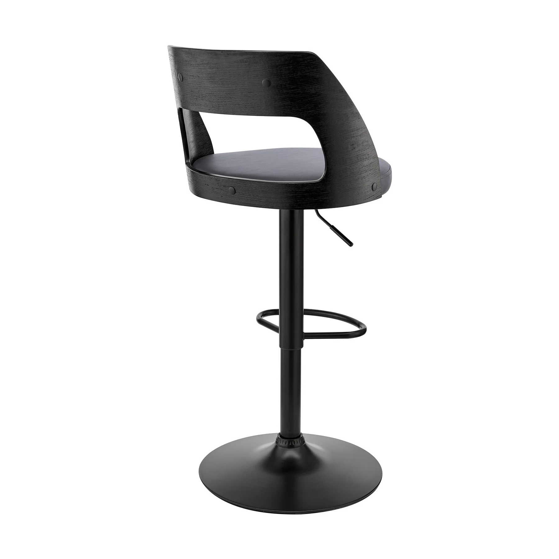 Paulo Adjustable Swivel Gray Faux Leather and Black Wood Bar Stool with Black Base - Image 4