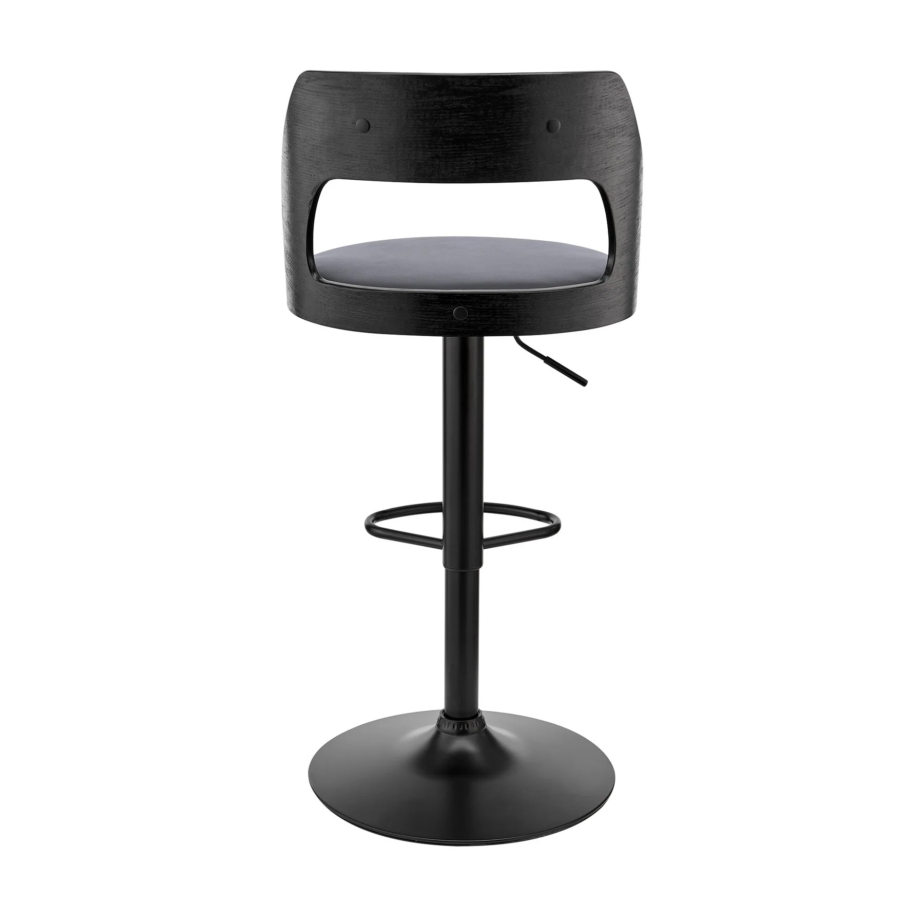 Paulo Adjustable Swivel Gray Faux Leather and Black Wood Bar Stool with Black Base - Image 5