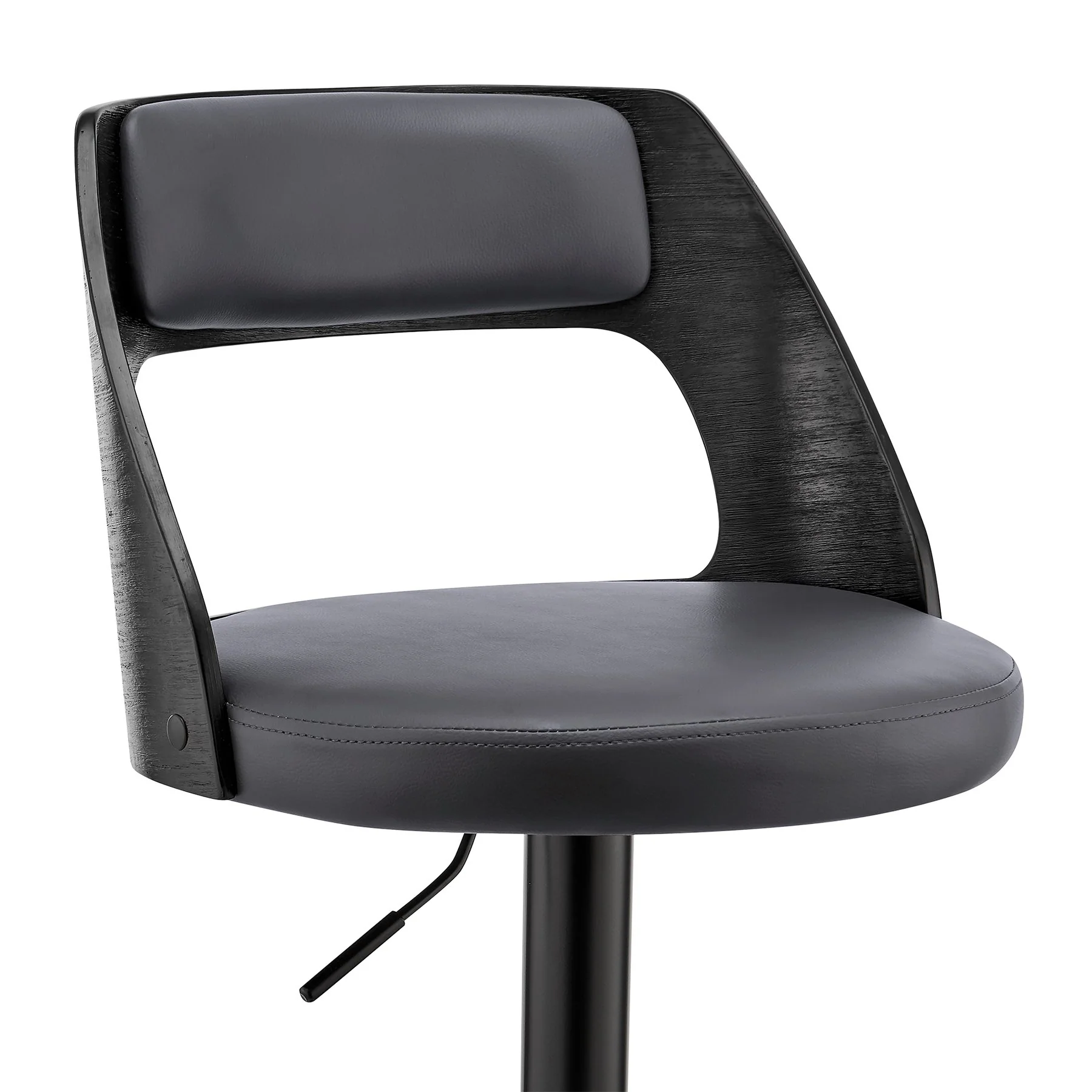 Paulo Adjustable Swivel Gray Faux Leather and Black Wood Bar Stool with Black Base - Image 6