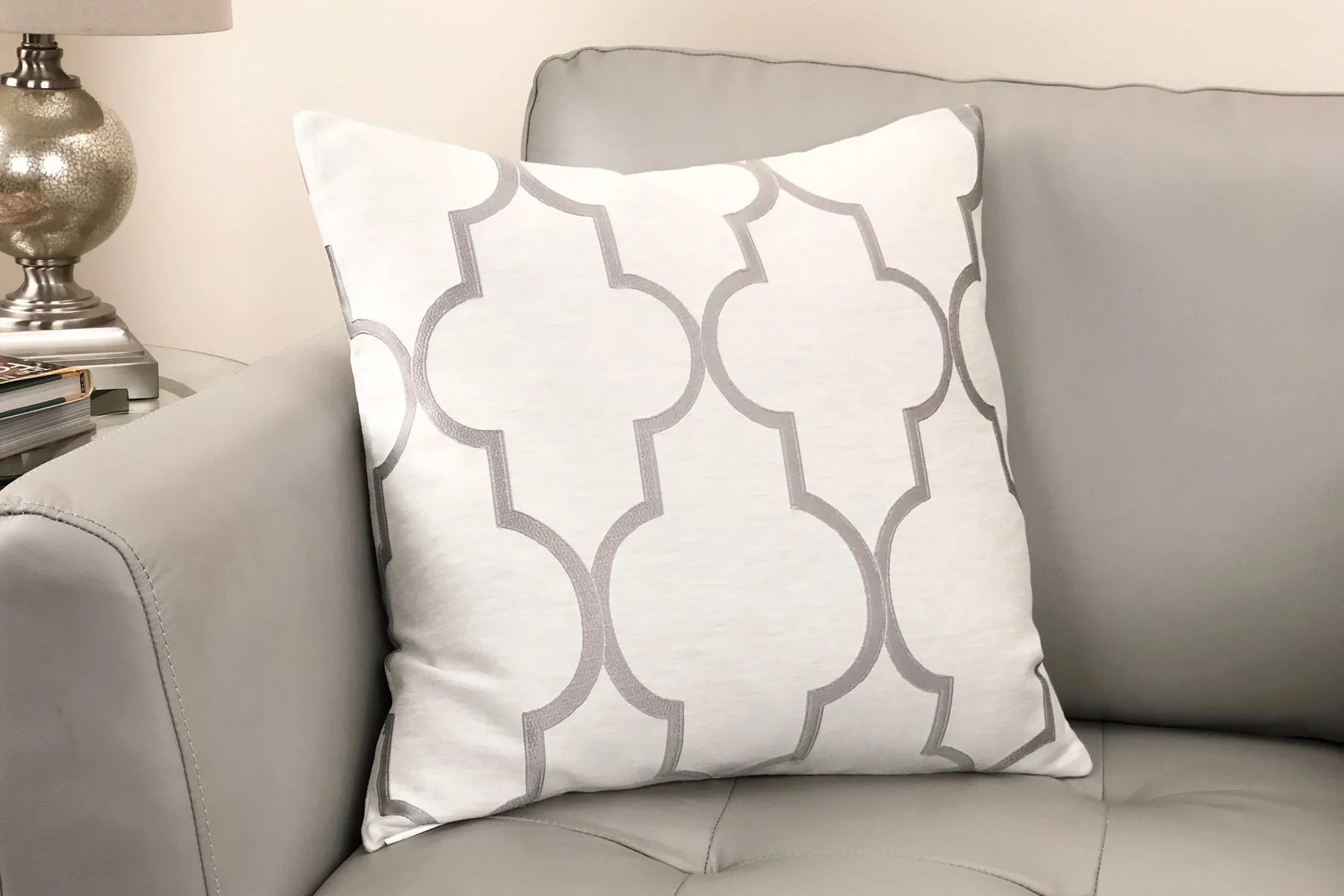 Paxton Contemporary Decorative Feather and Down Throw Pillow In Light Gray Jacquard Fabric - Image 2