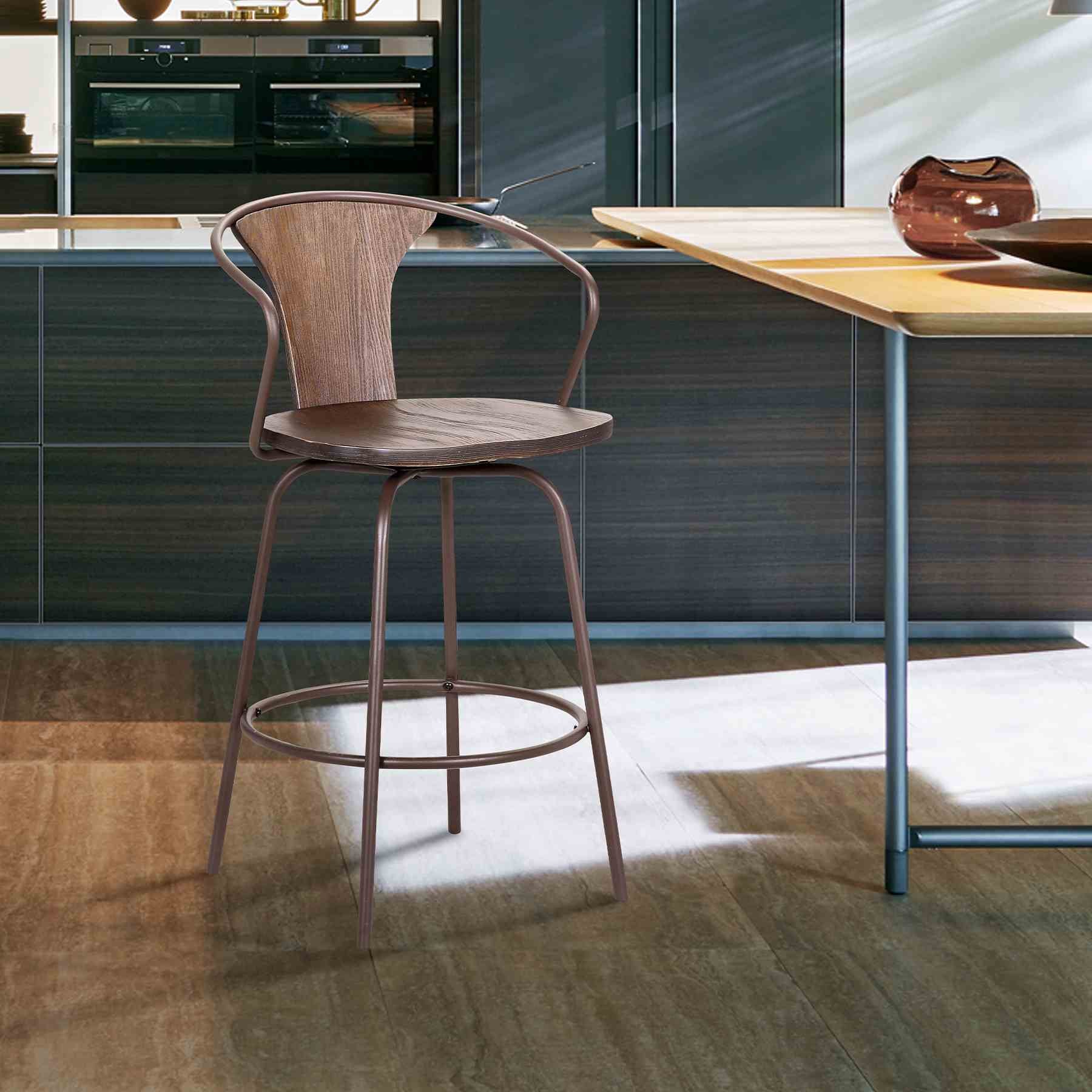Payton Industrial 26" Swivel Walnut Wood and Metal Bar Stool - Image 6