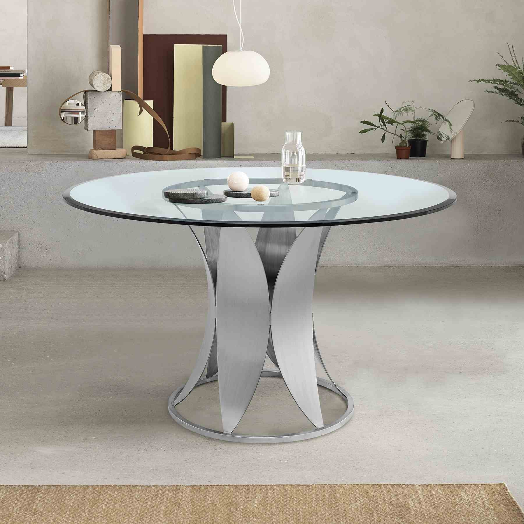 Petal Modern Glass and Stainless Steel Round Pedestal Dining Table - Image 6