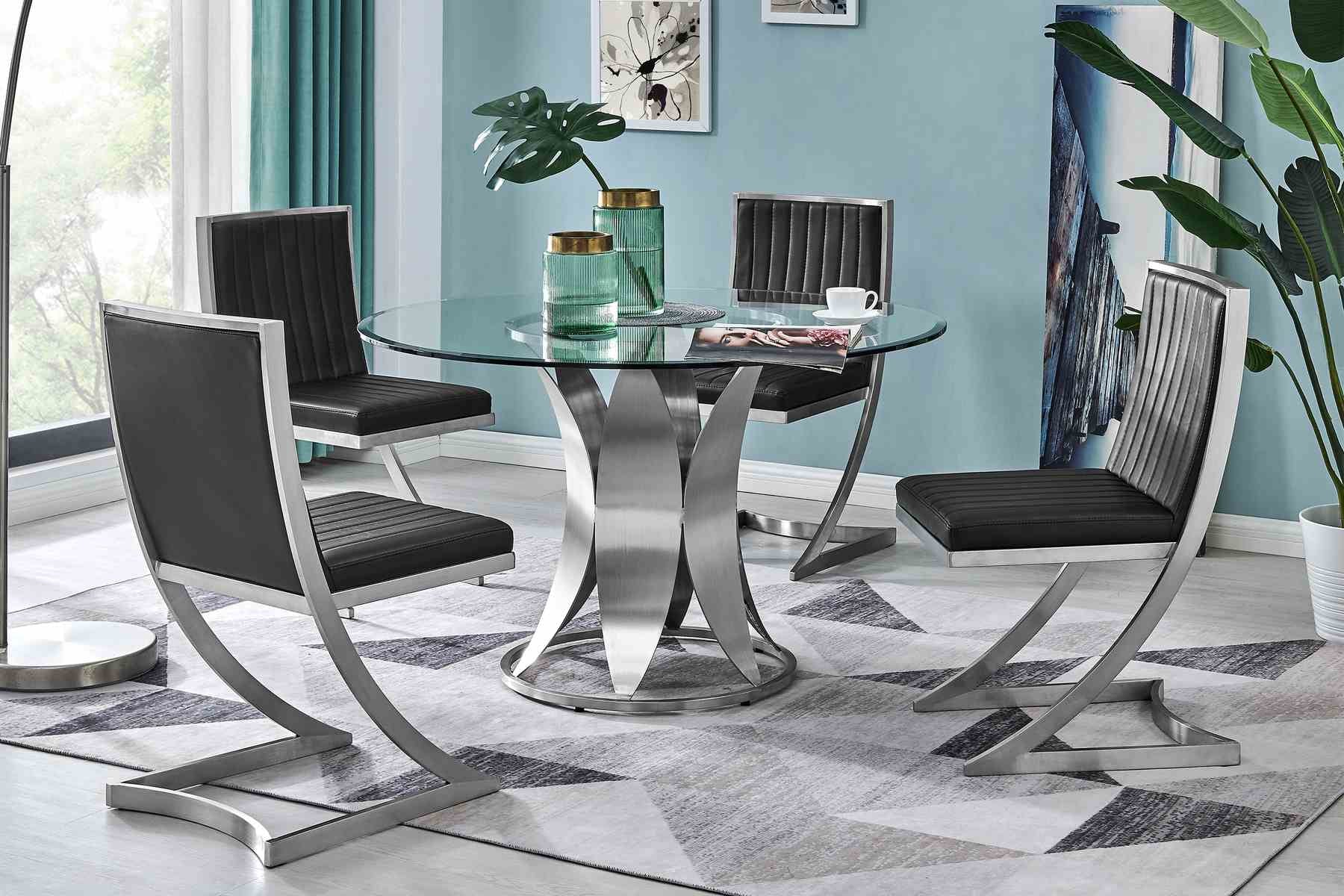 Petal Modern Glass and Stainless Steel Round Pedestal Dining Table - Image 7