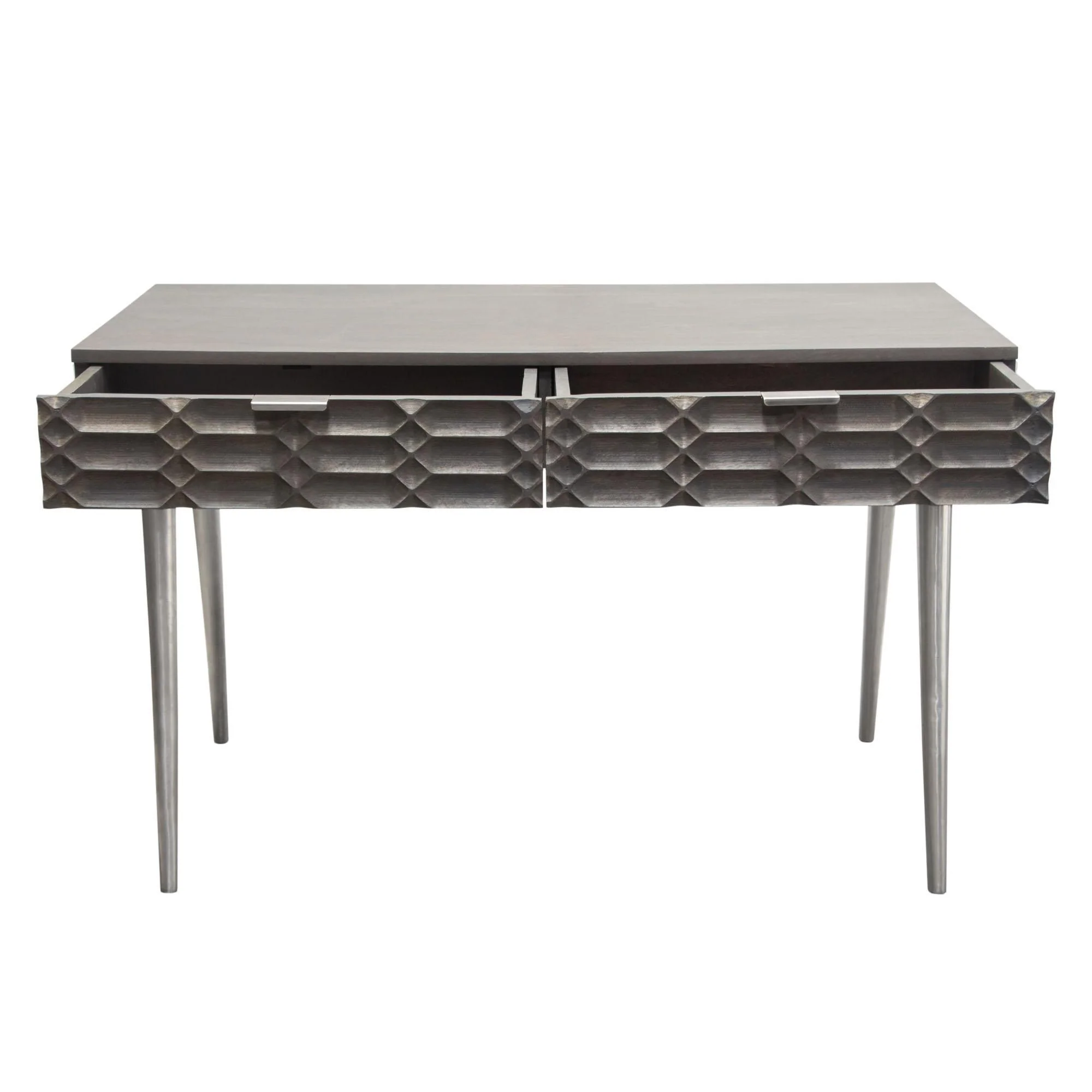Petra Solid Mango Wood 2-Drawer Writing Desk in Smoke Grey Finish w/ Nickel Legs by Diamond Sofa - Image 2