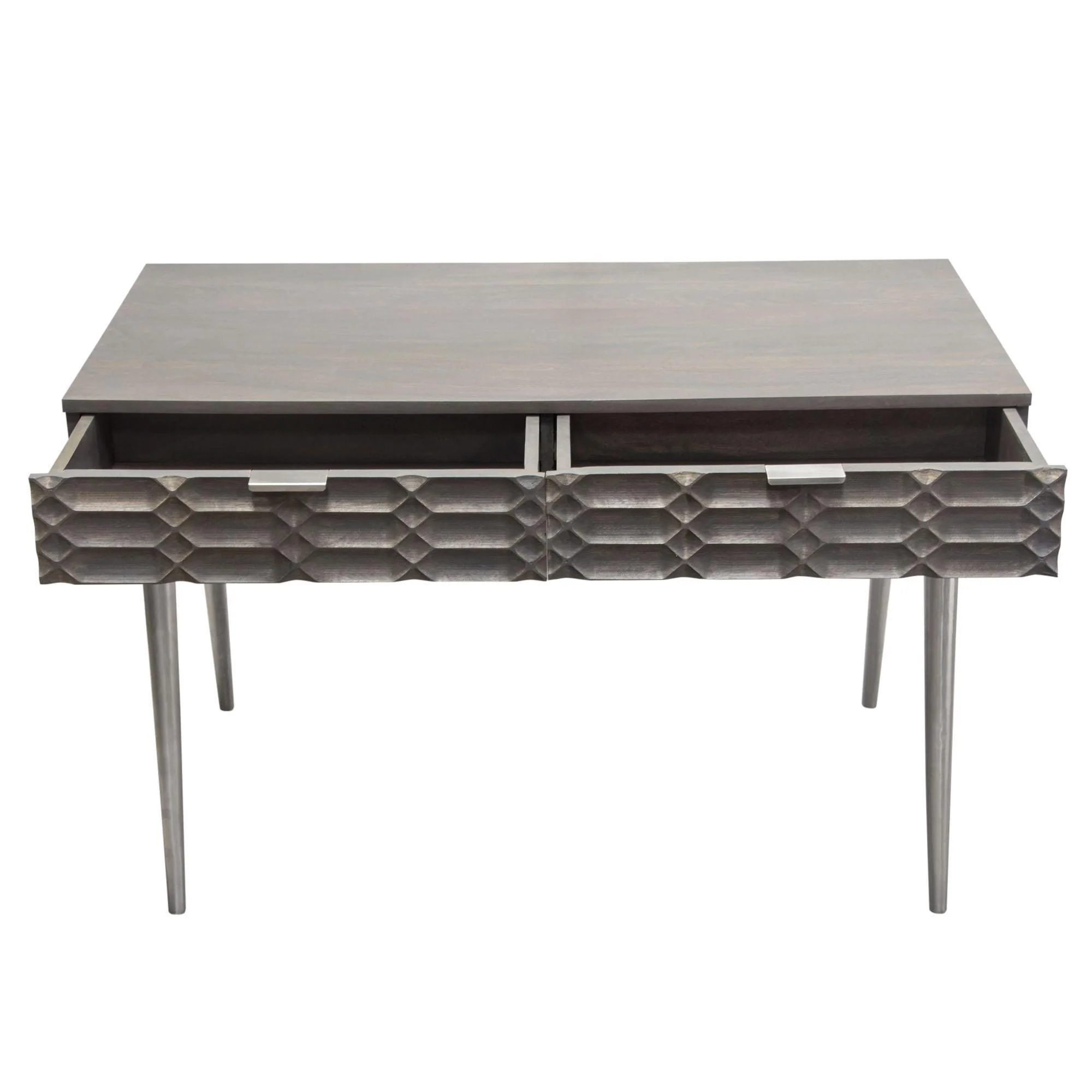 Petra Solid Mango Wood 2-Drawer Writing Desk in Smoke Grey Finish w/ Nickel Legs by Diamond Sofa - Image 5