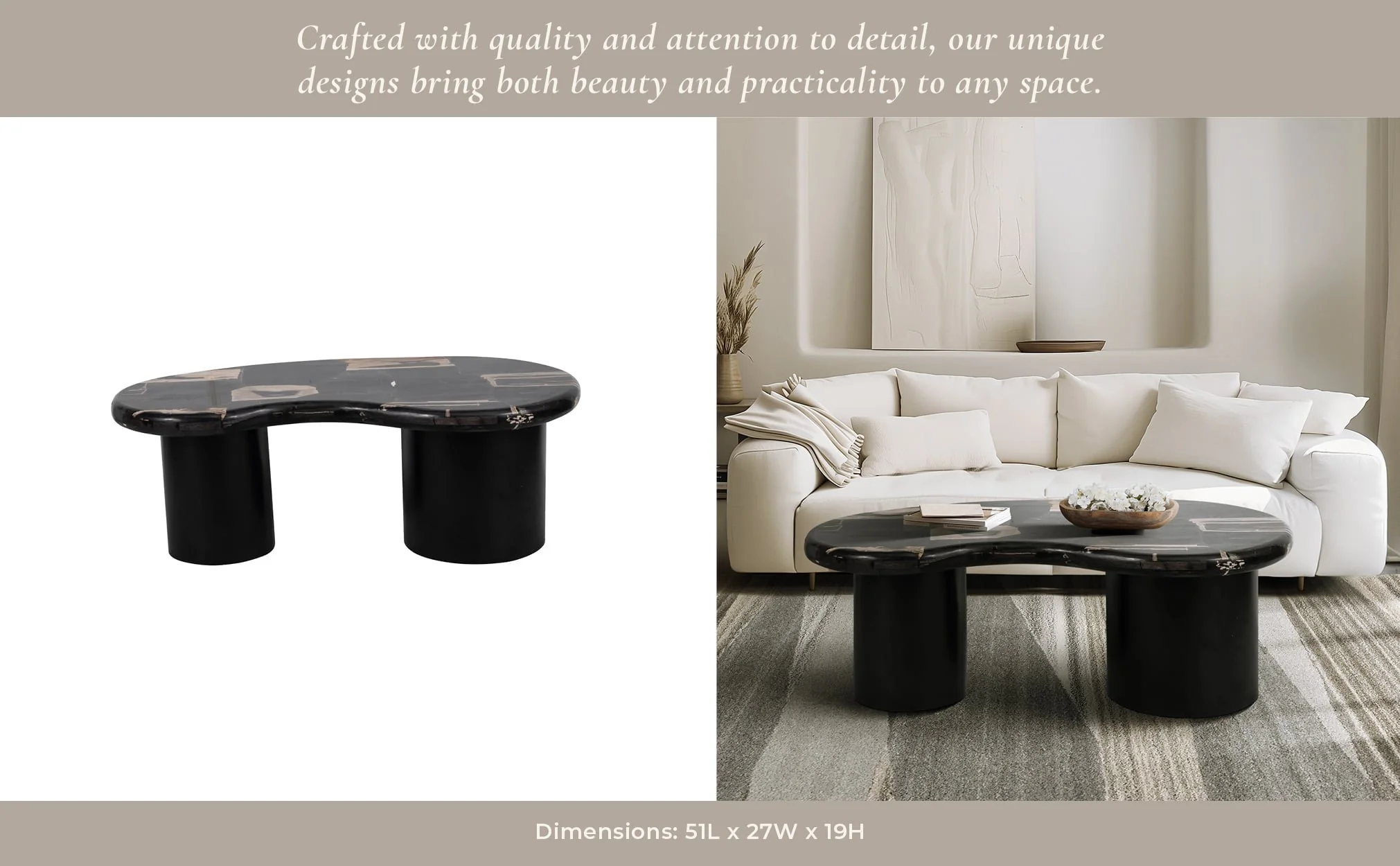 Petrified Wood, 51" Kidney Coffee Table, Black - Image 11