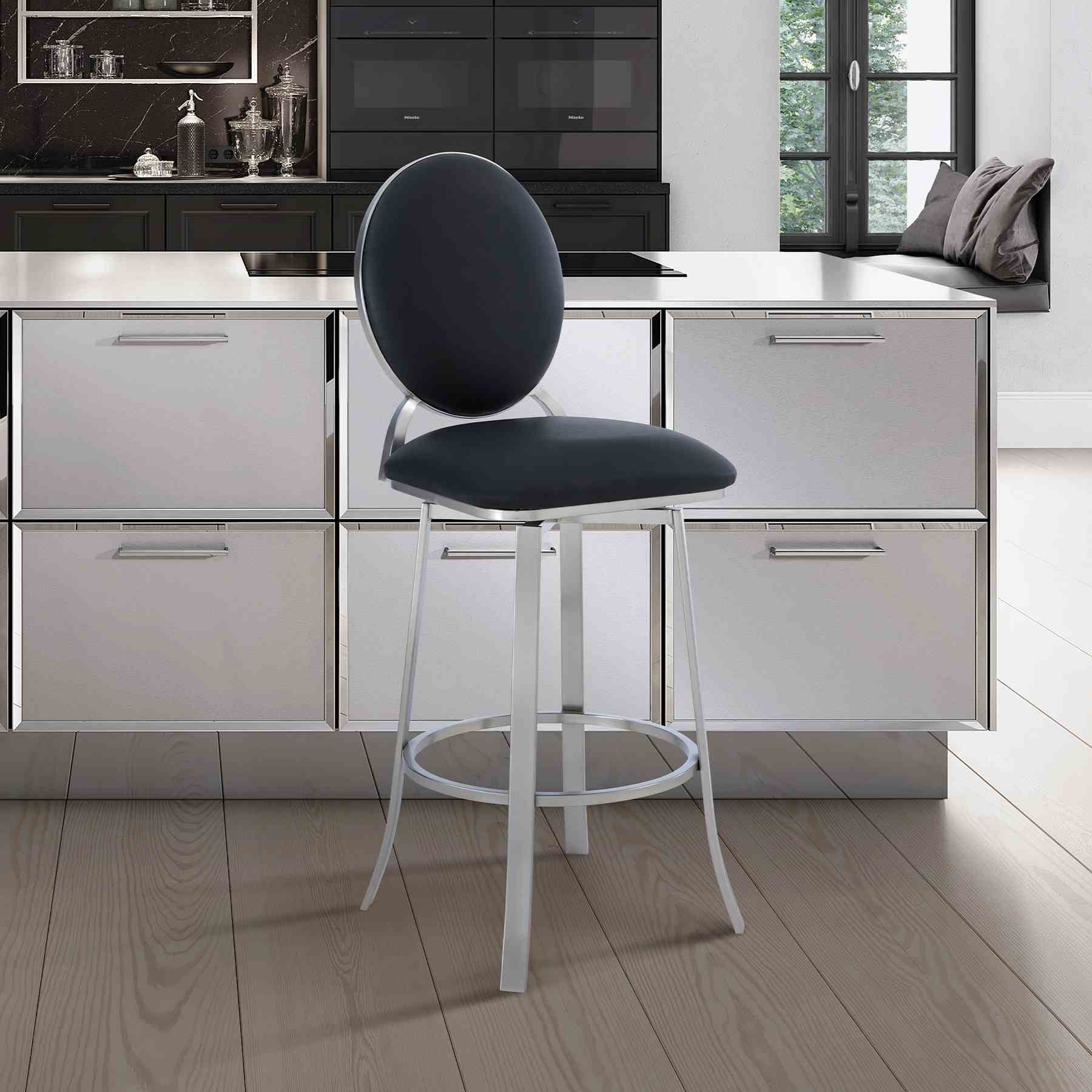 Pia Contemporary 26" Counter Height Barstool in Brushed Stainless Steel Finish and Black Faux Leather - Image 7